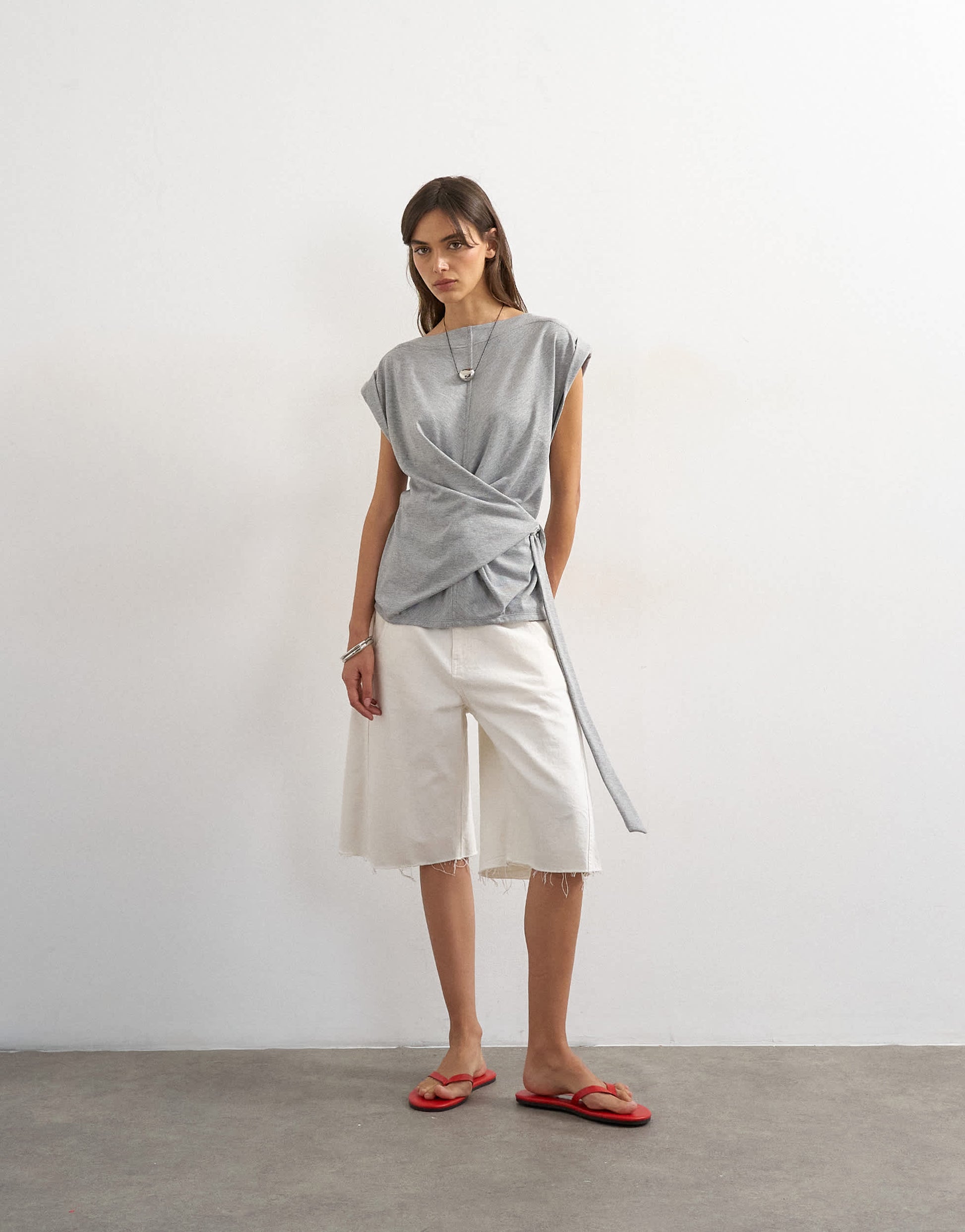 Topshop wrap detail cap sleeve top in grey marl
