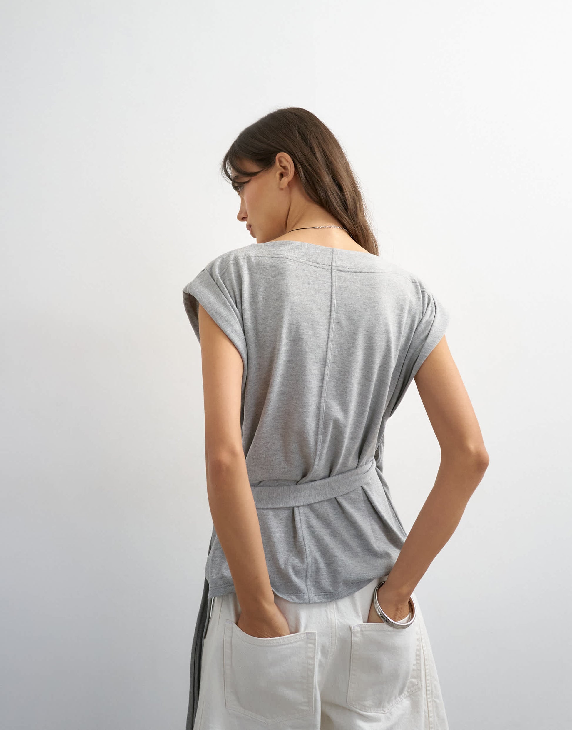 Topshop wrap detail cap sleeve top in grey marl