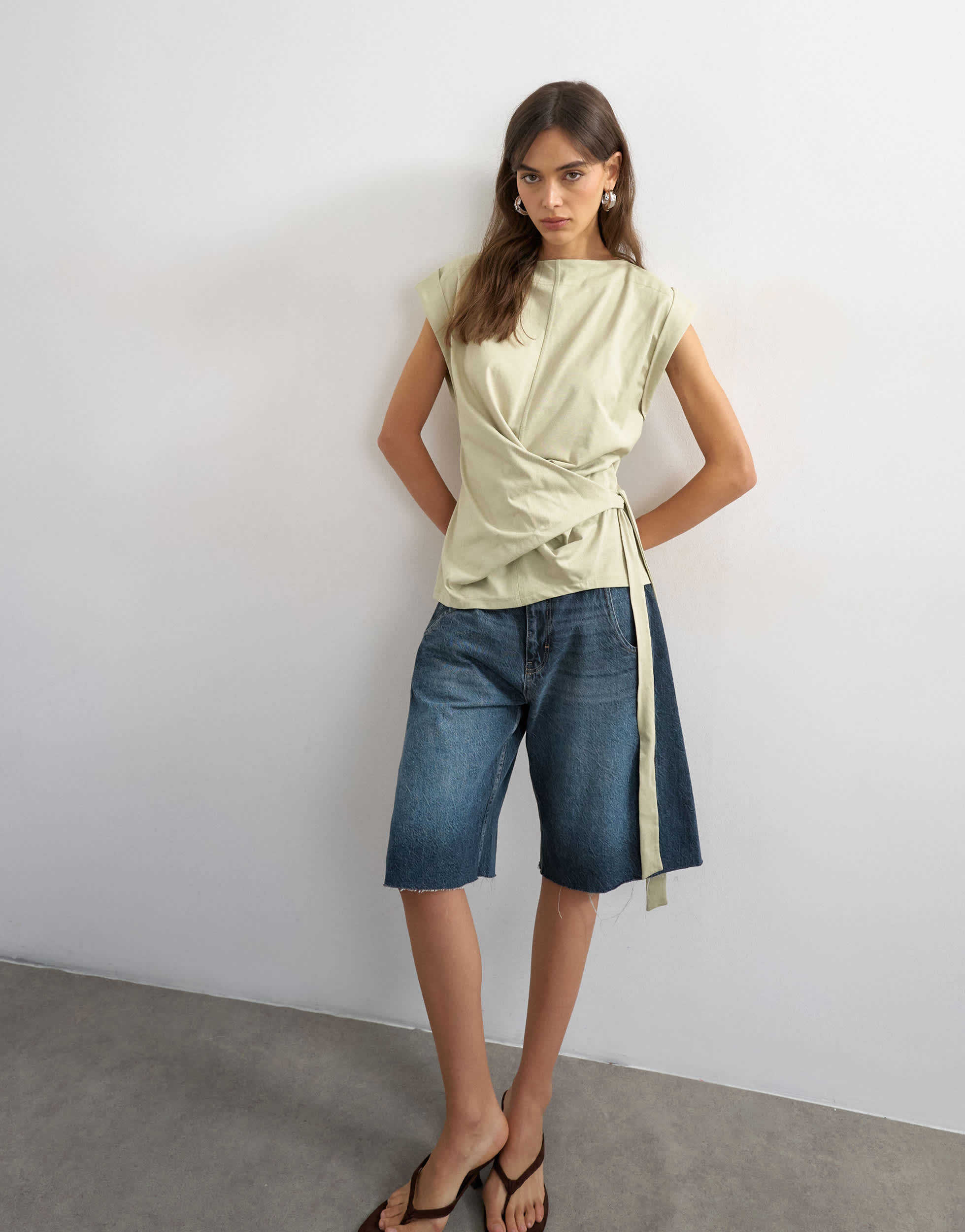 Topshop wrap detail cap sleeve top in sage