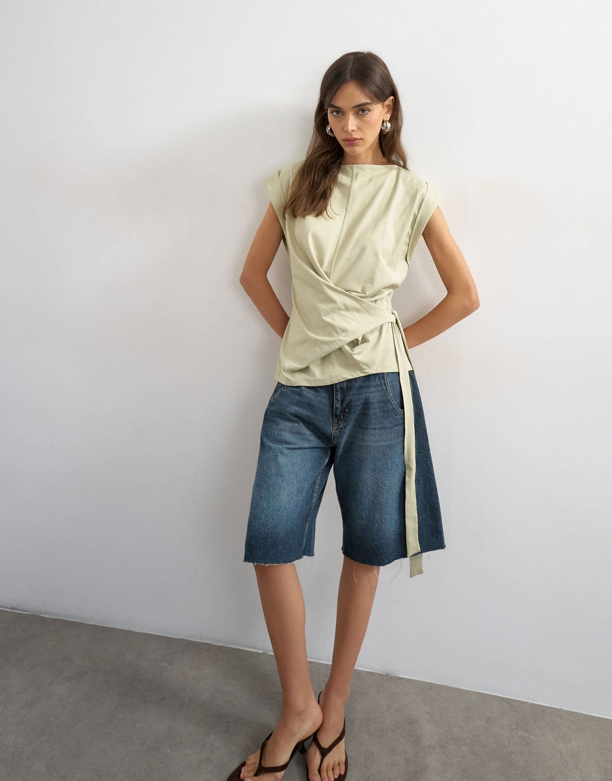 Topshop wrap detail cap sleeve top in sage