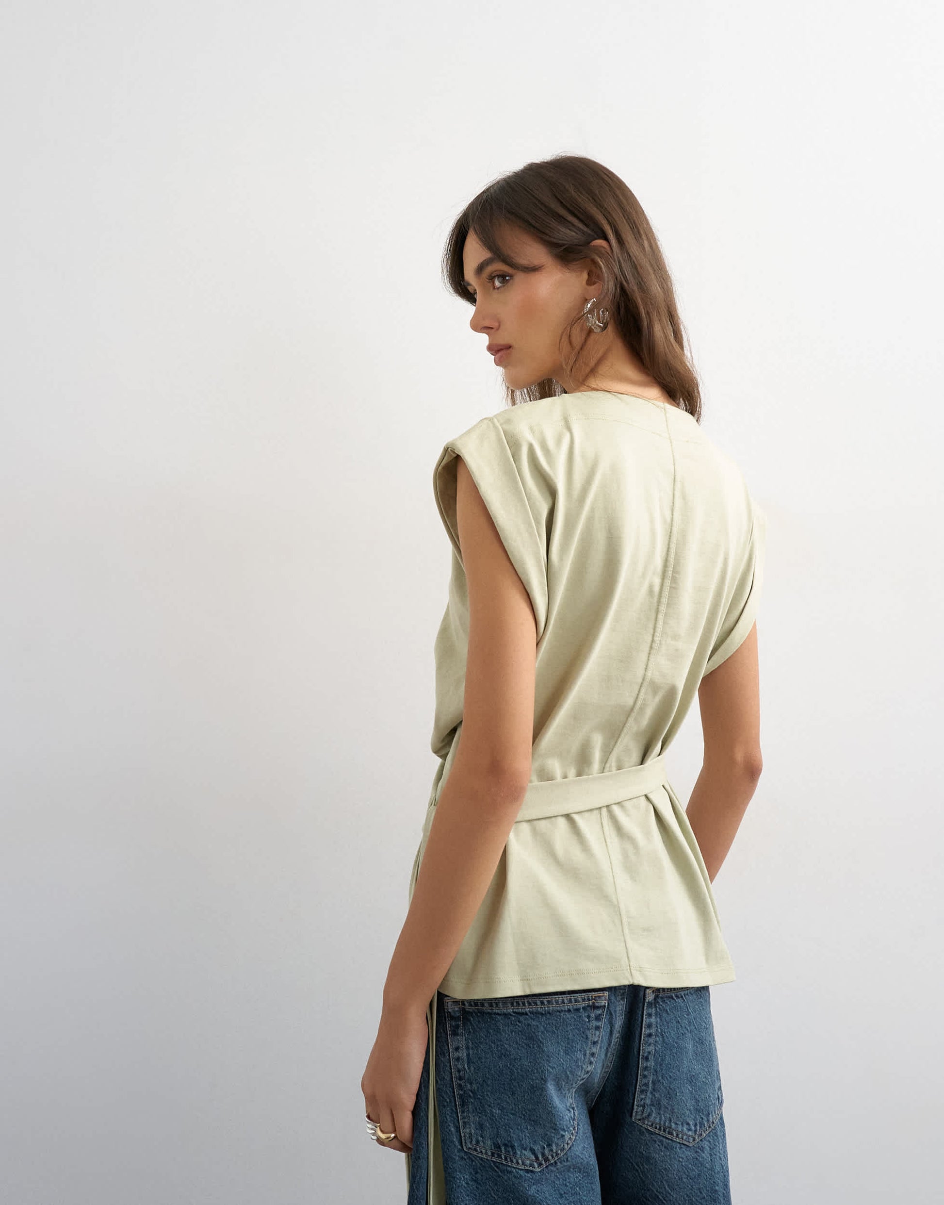 Topshop wrap detail cap sleeve top in sage