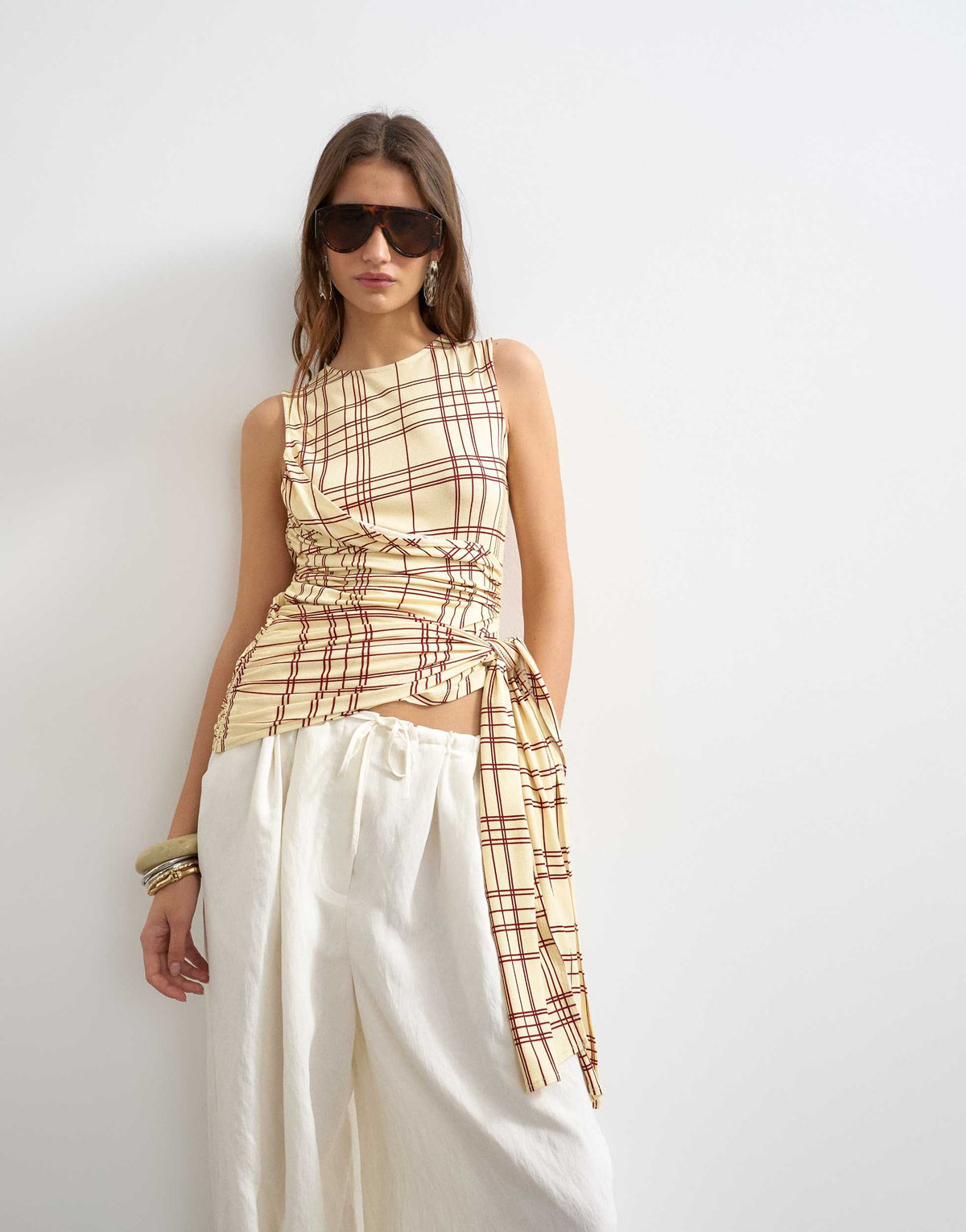 Topshop check wrap drape tank with tie in buttermilk  