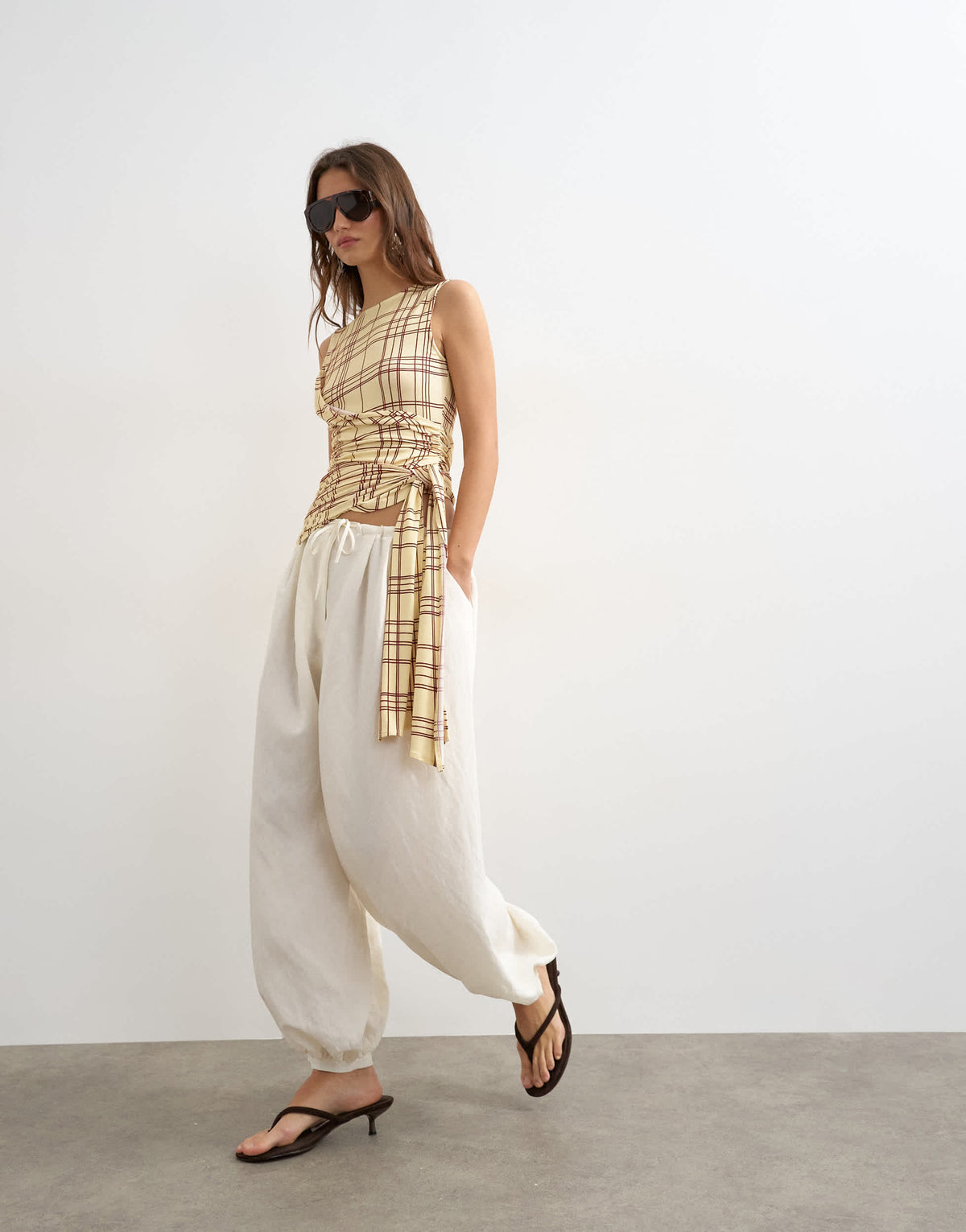 Topshop check wrap drape tank with tie in buttermilk  