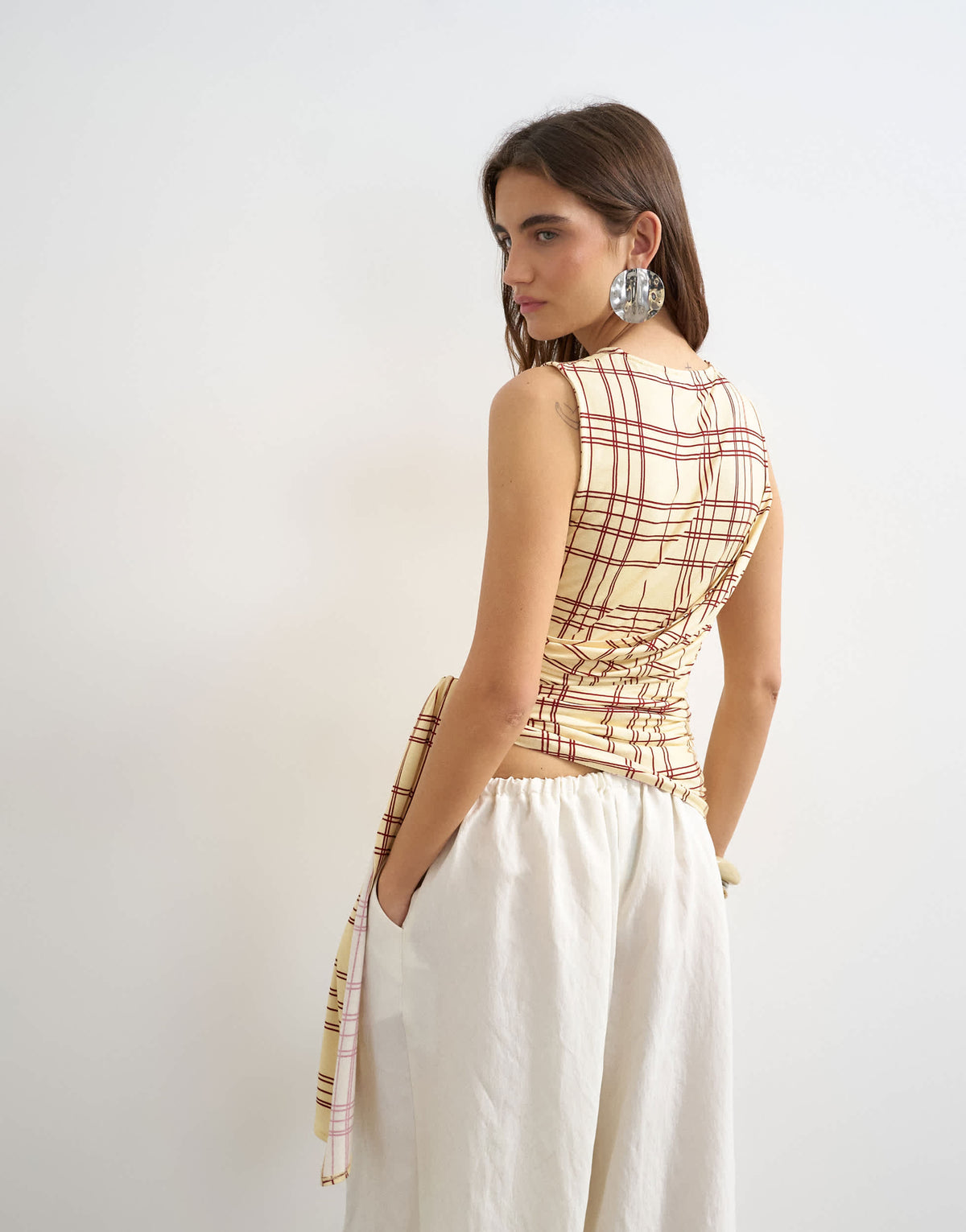 Topshop check wrap drape tank with tie in buttermilk  