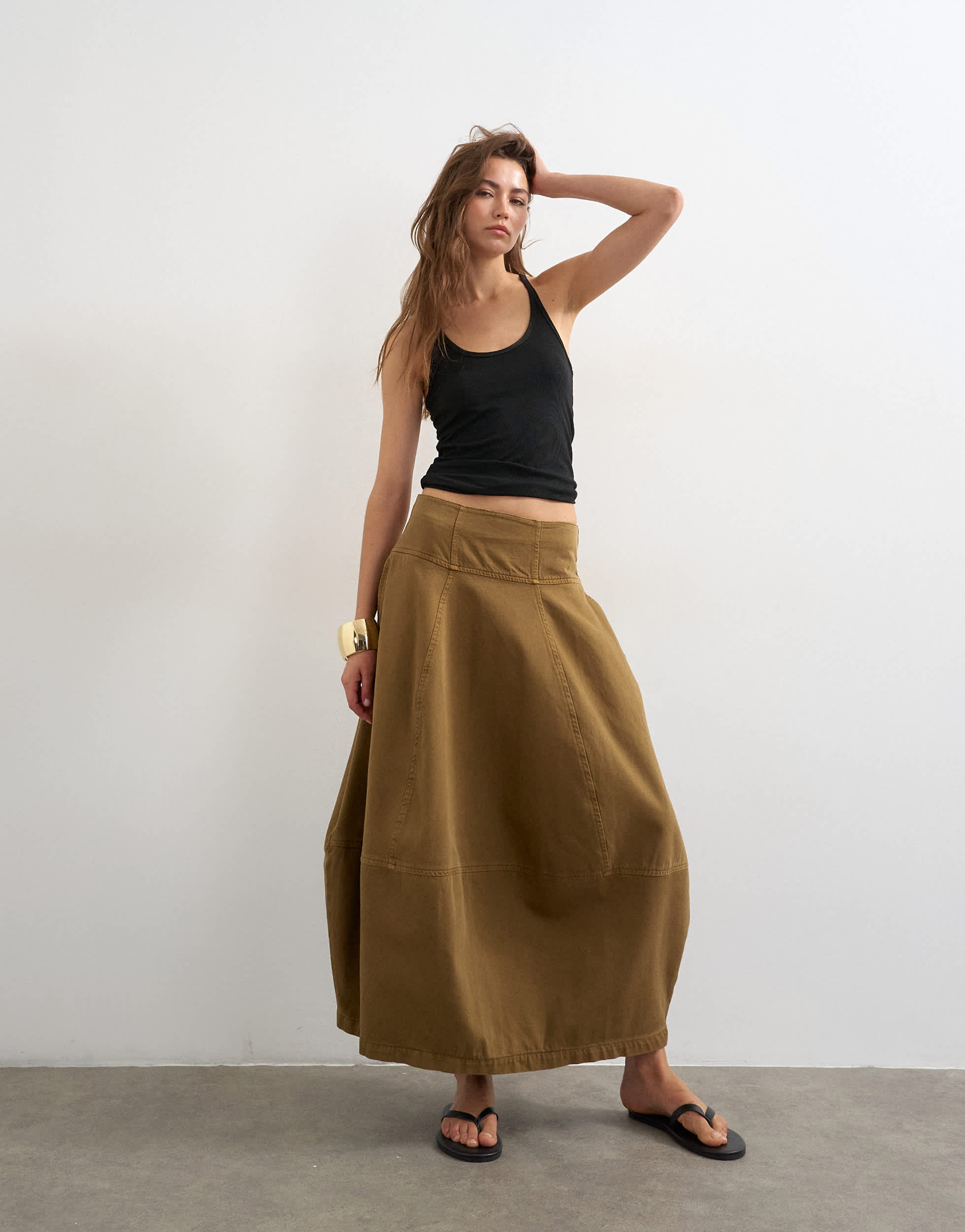 Topshop denim barrel seamed maxi skirt in cumin