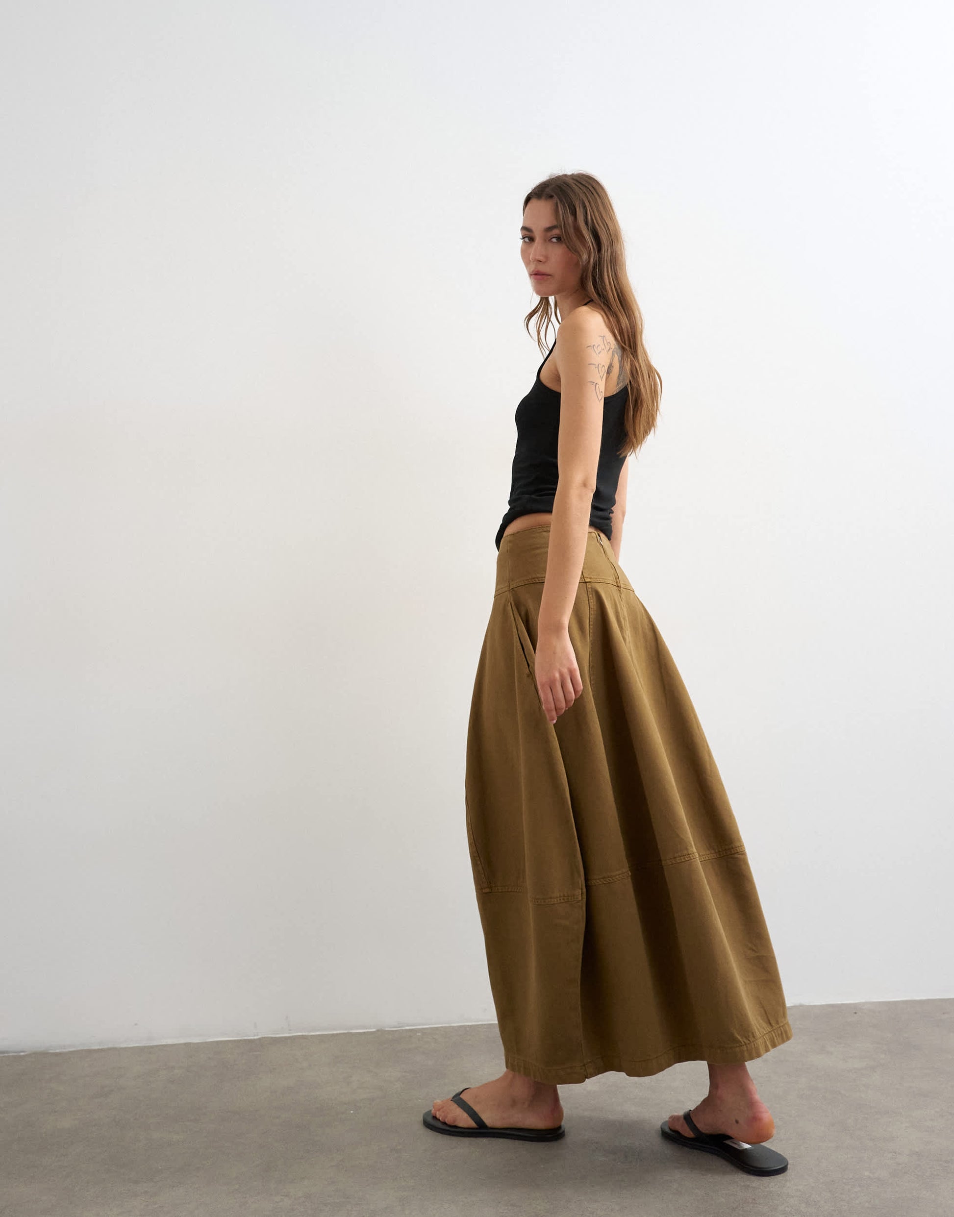 Topshop denim barrel seamed maxi skirt in cumin