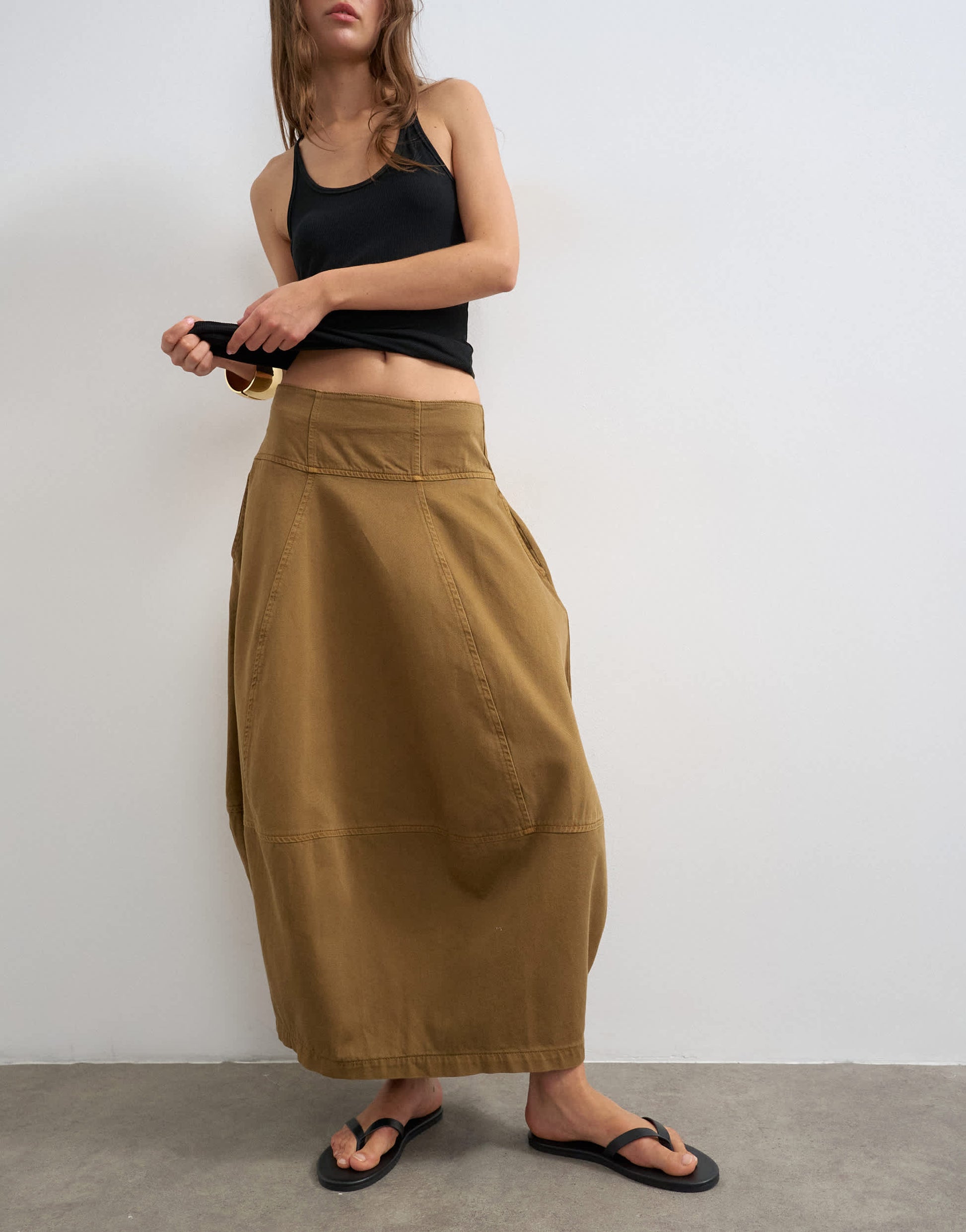 Topshop denim barrel seamed maxi skirt in cumin