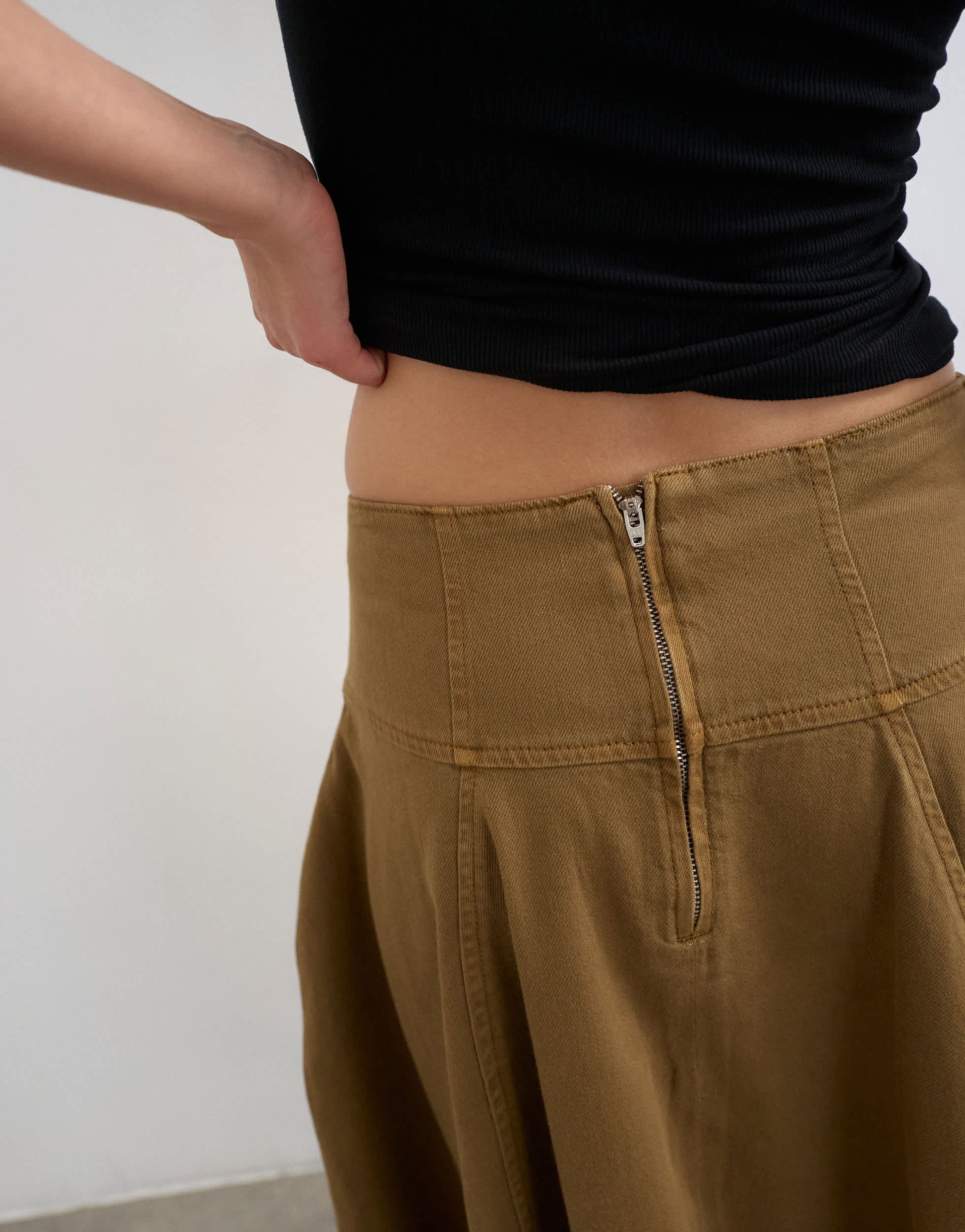 Topshop denim barrel seamed maxi skirt in cumin