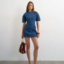 Topshop denim short sleeve mini dress in mid blue
