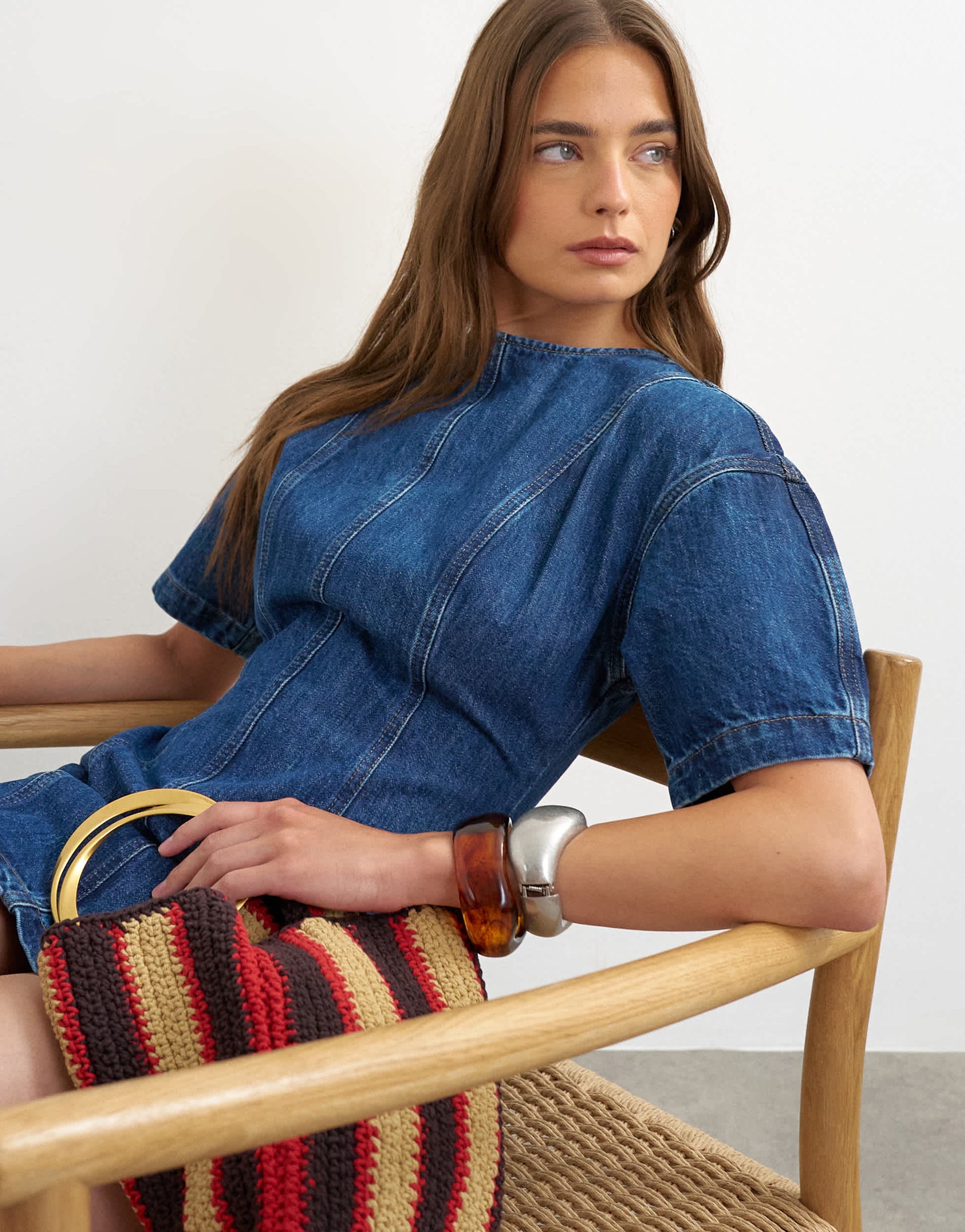 Topshop denim short sleeve mini dress in mid blue