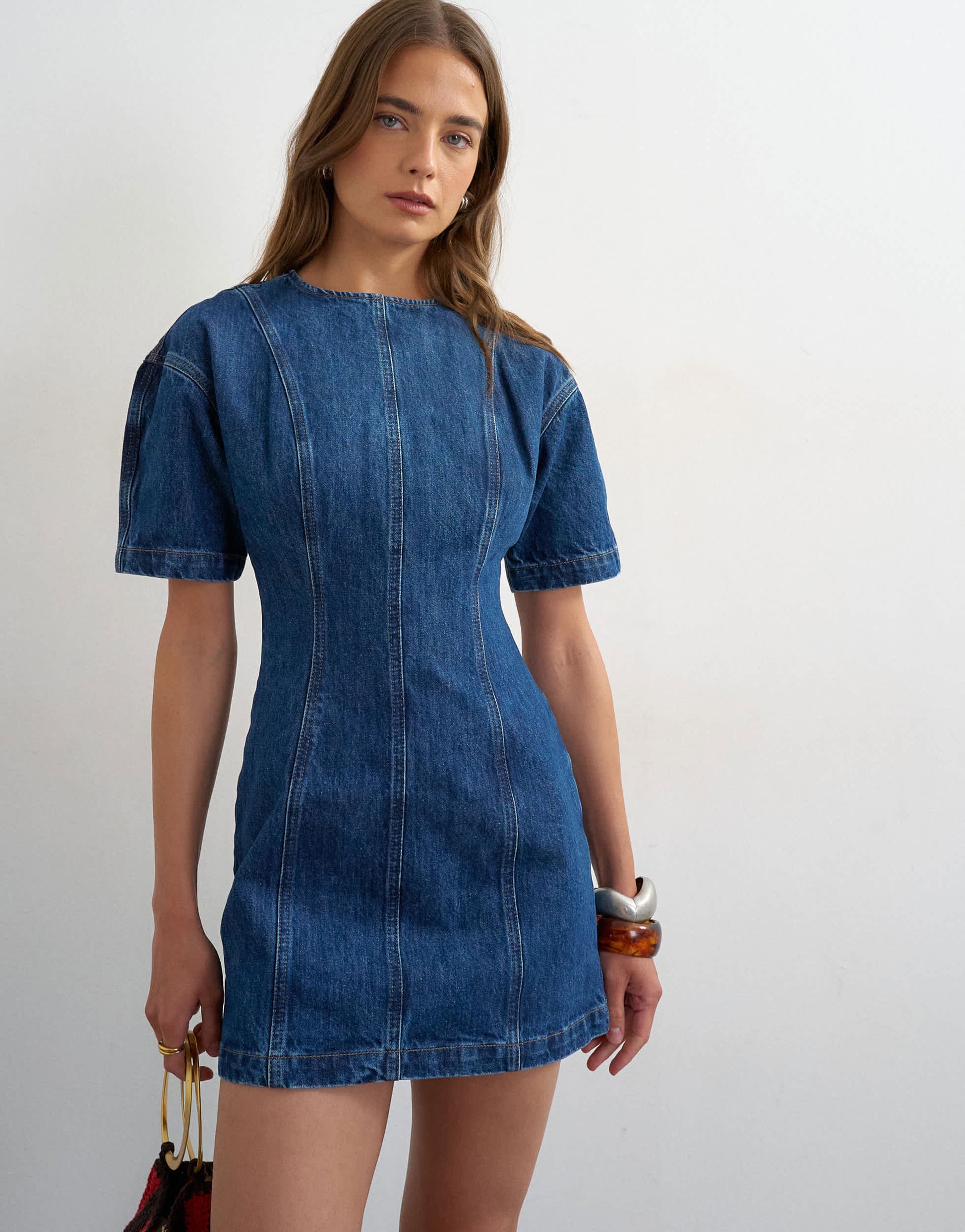 Topshop denim short sleeve mini dress in mid blue