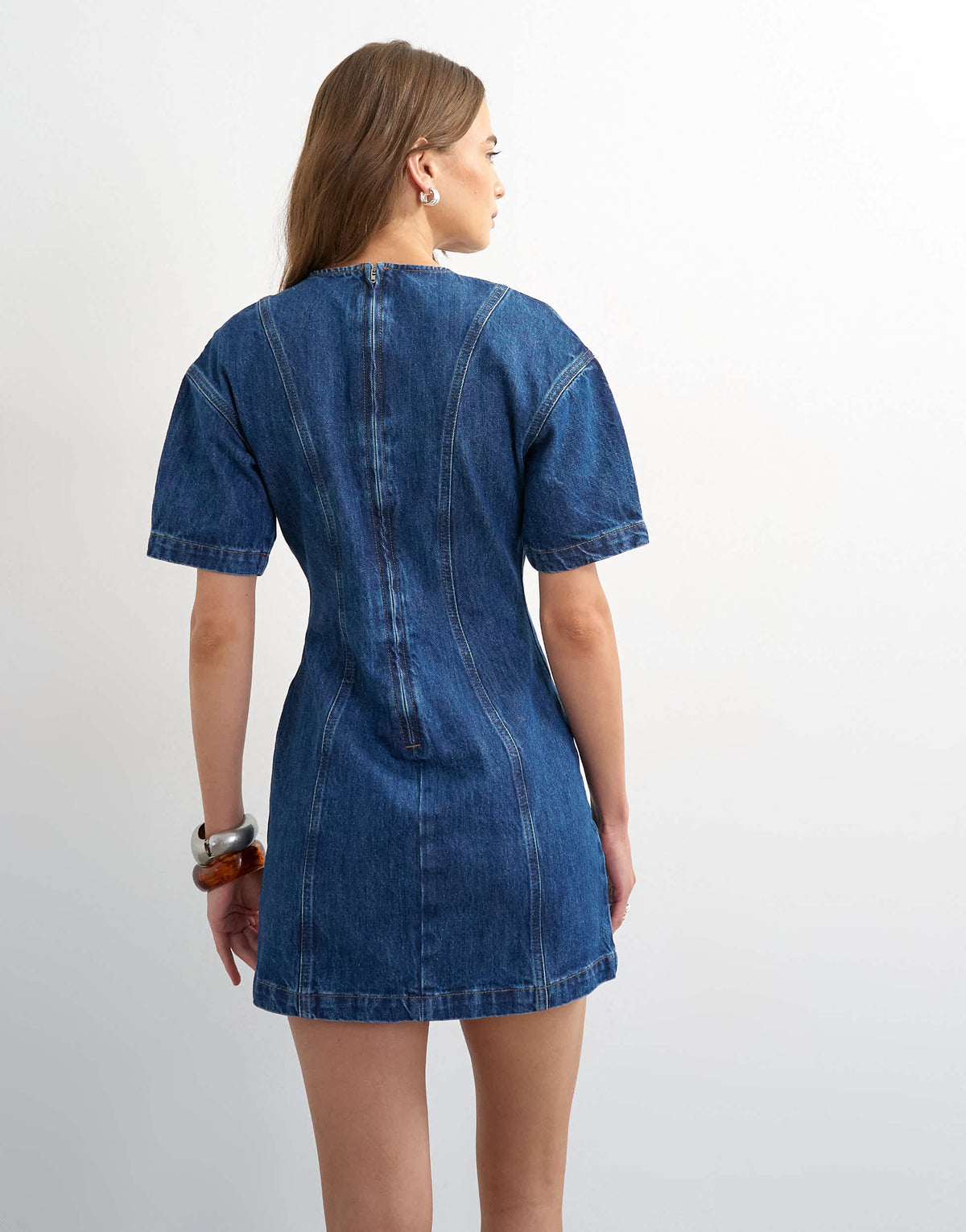 Topshop denim short sleeve mini dress in mid blue