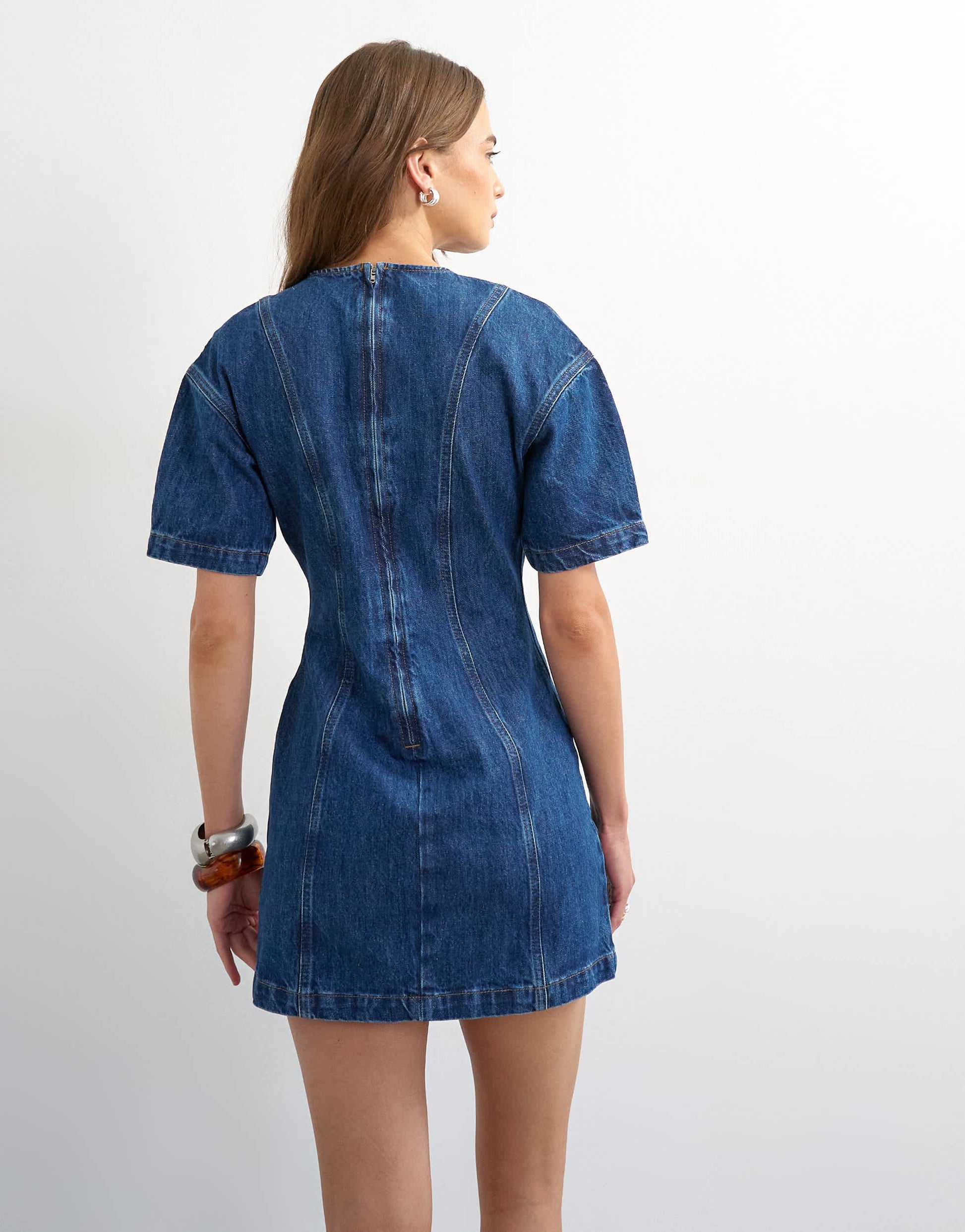 Topshop denim short sleeve mini dress in mid blue
