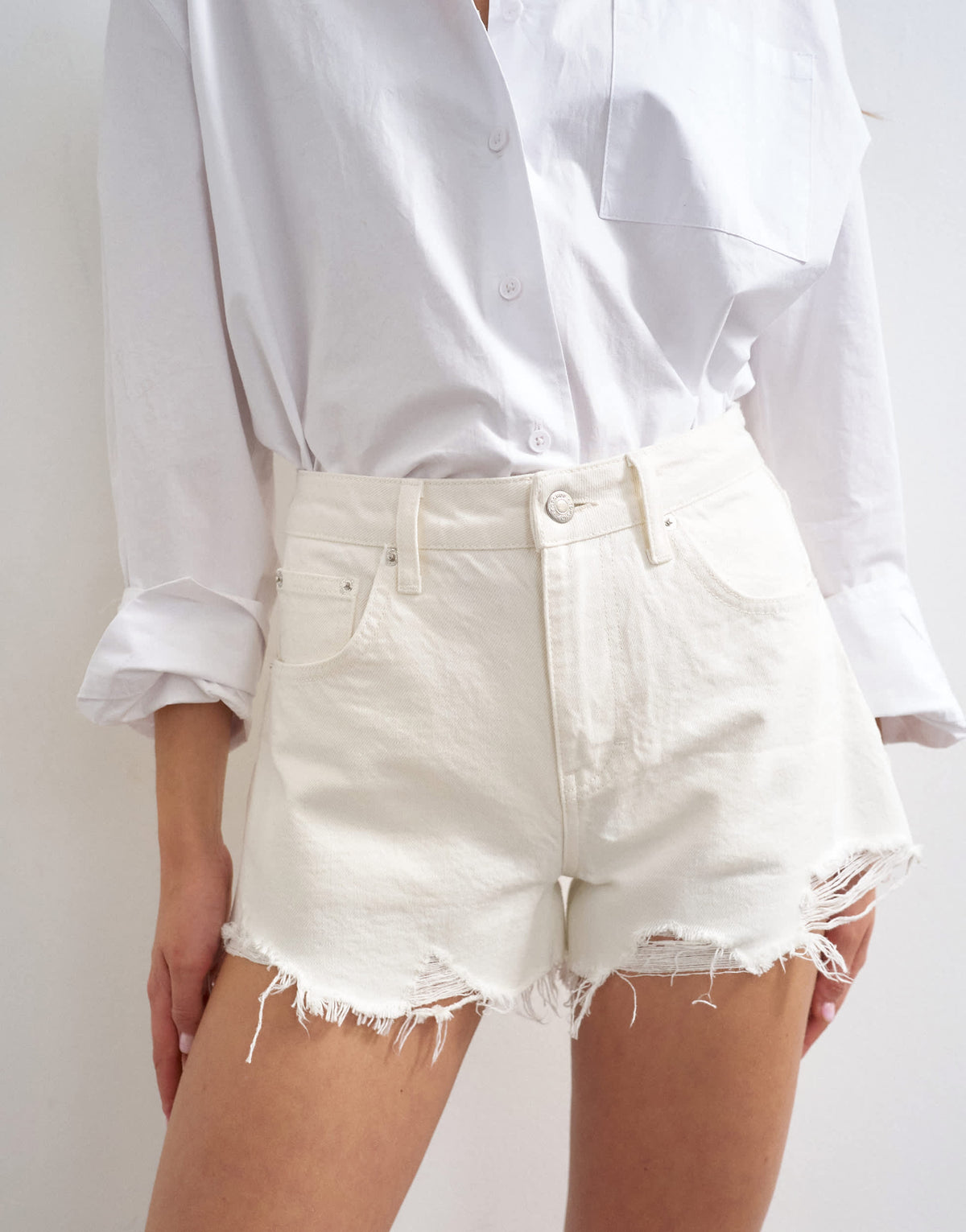Topshop denim A-line short with rip in white