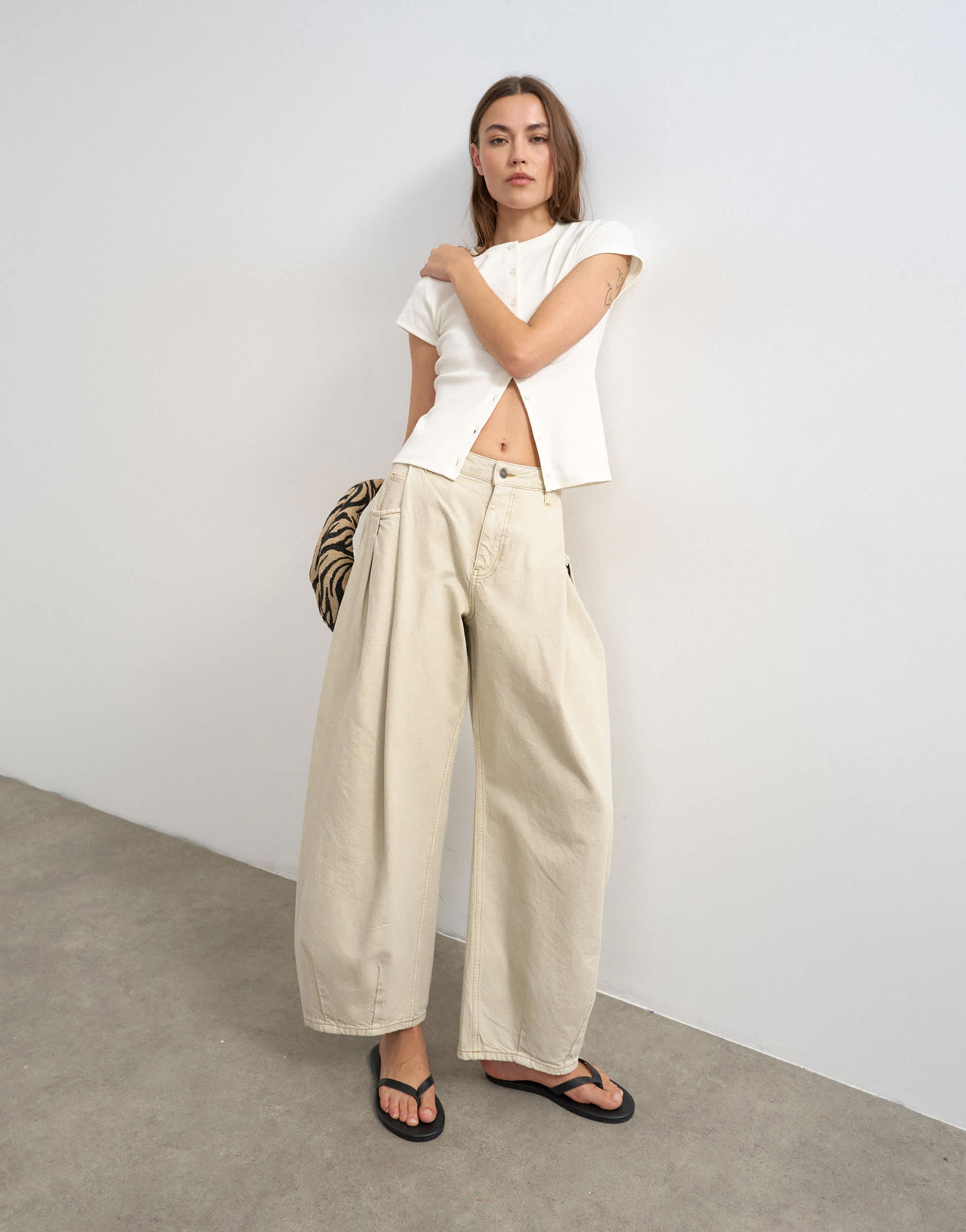 Topshop Cocoon mid rise barrel jean in oat