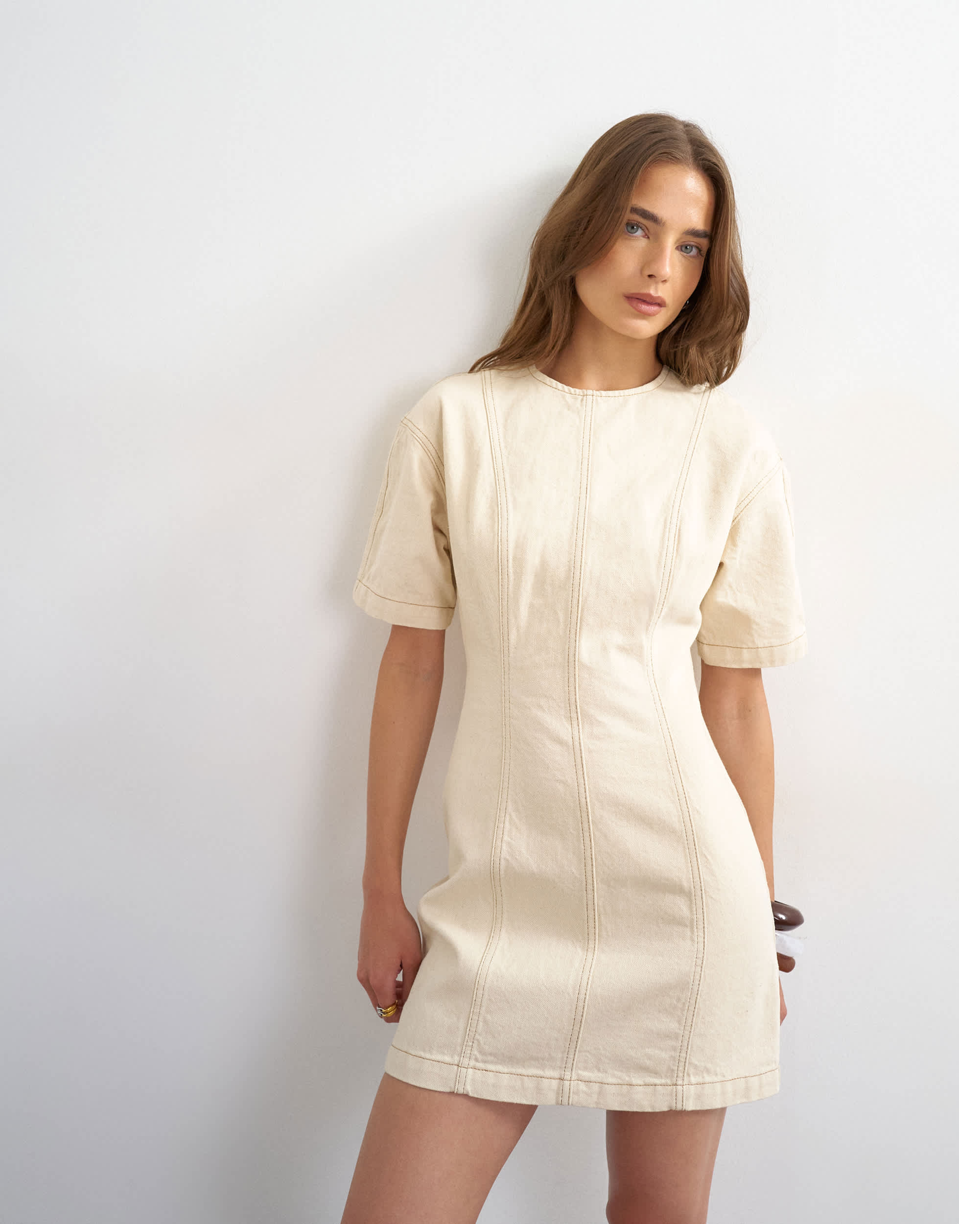 Topshop denim short sleeve mini dress in bone
