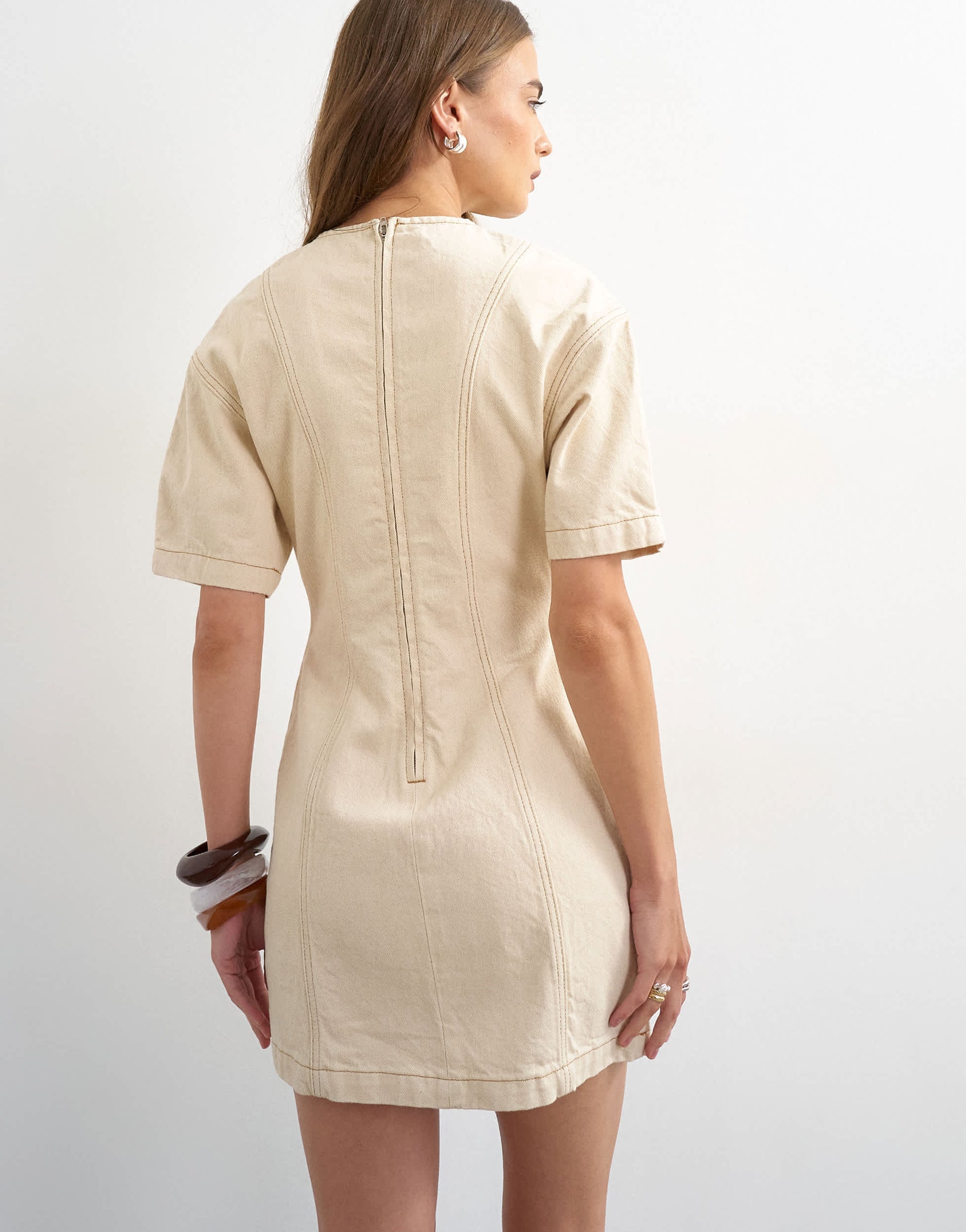 Topshop denim short sleeve mini dress in bone