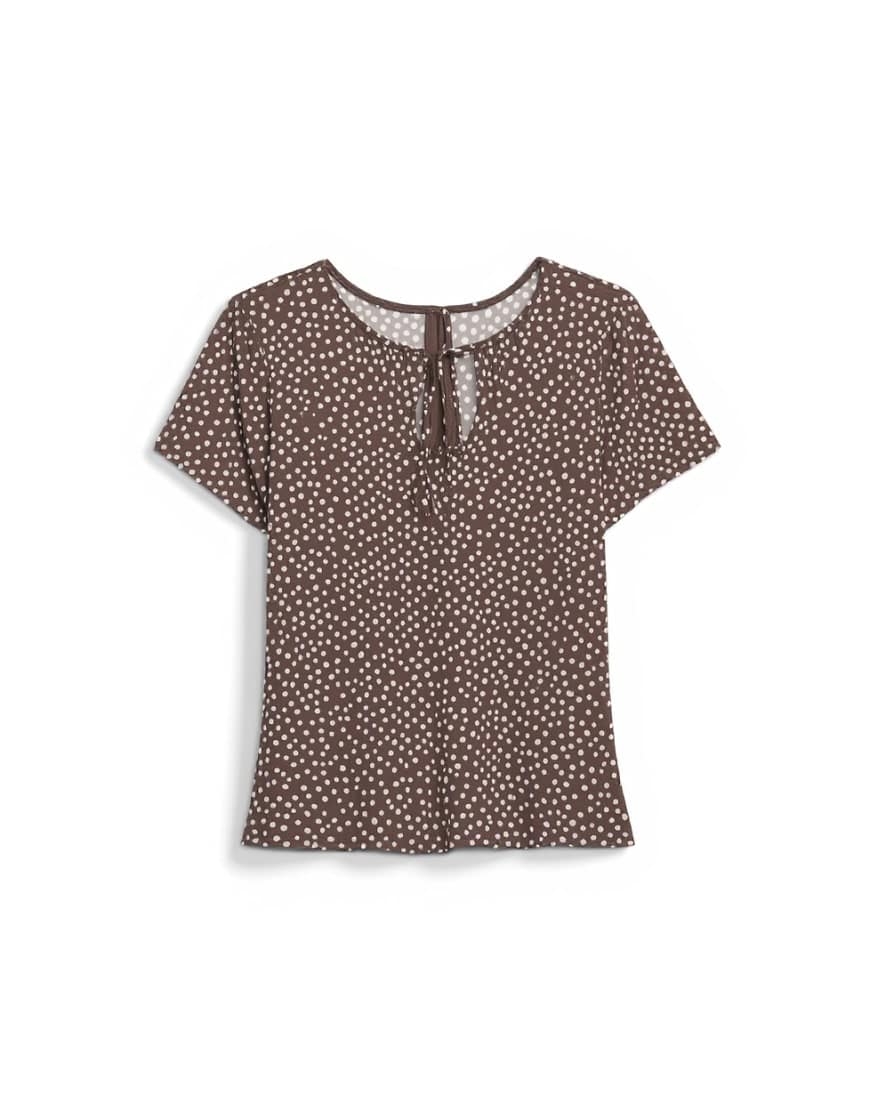 Topshop polka dot mesh key hole detail short sleeve top in brown