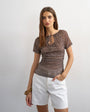 Topshop polka dot mesh key hole detail short sleeve top in brown
