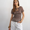 Topshop polka dot mesh key hole detail short sleeve top in brown