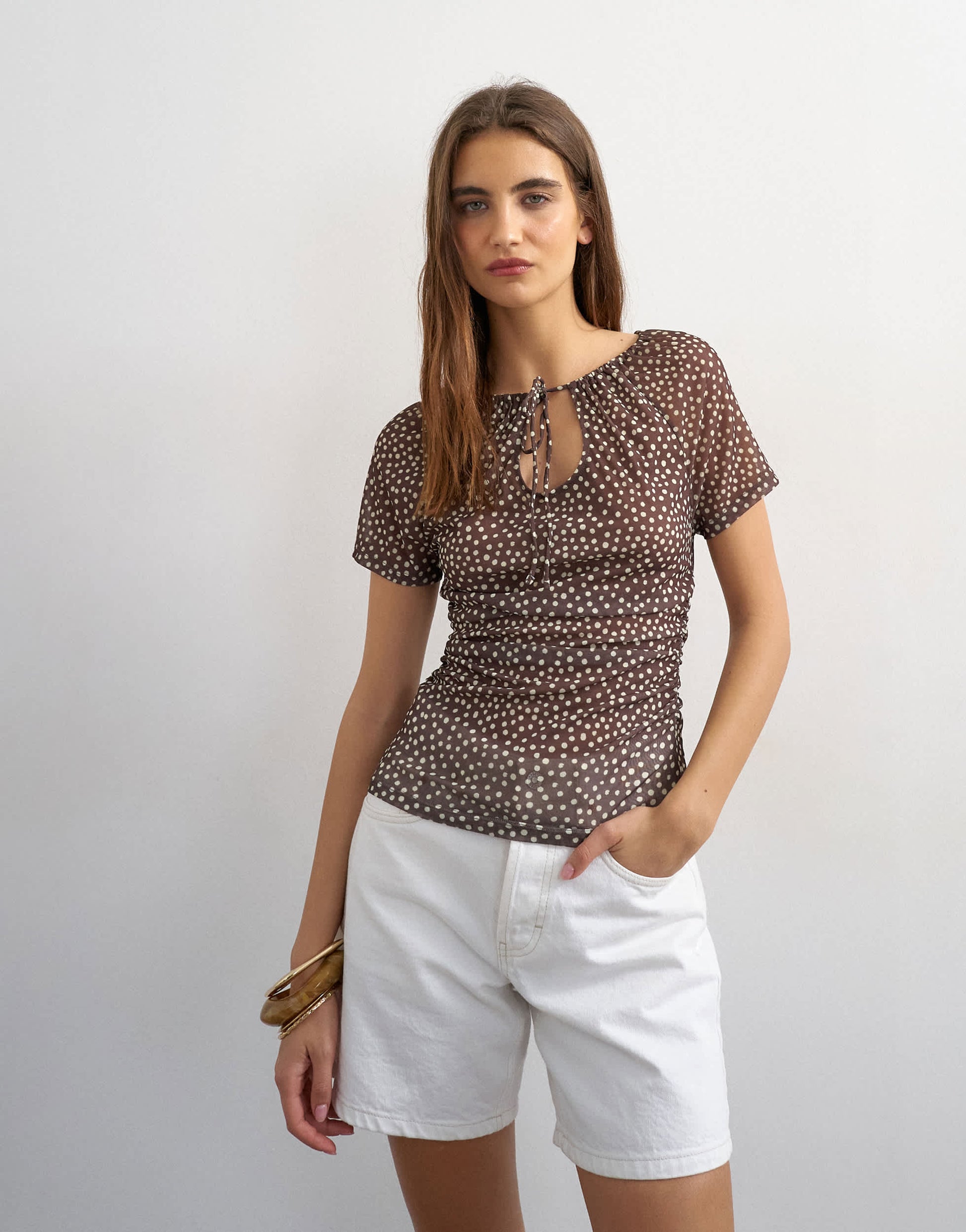 Topshop polka dot mesh key hole detail short sleeve top in brown