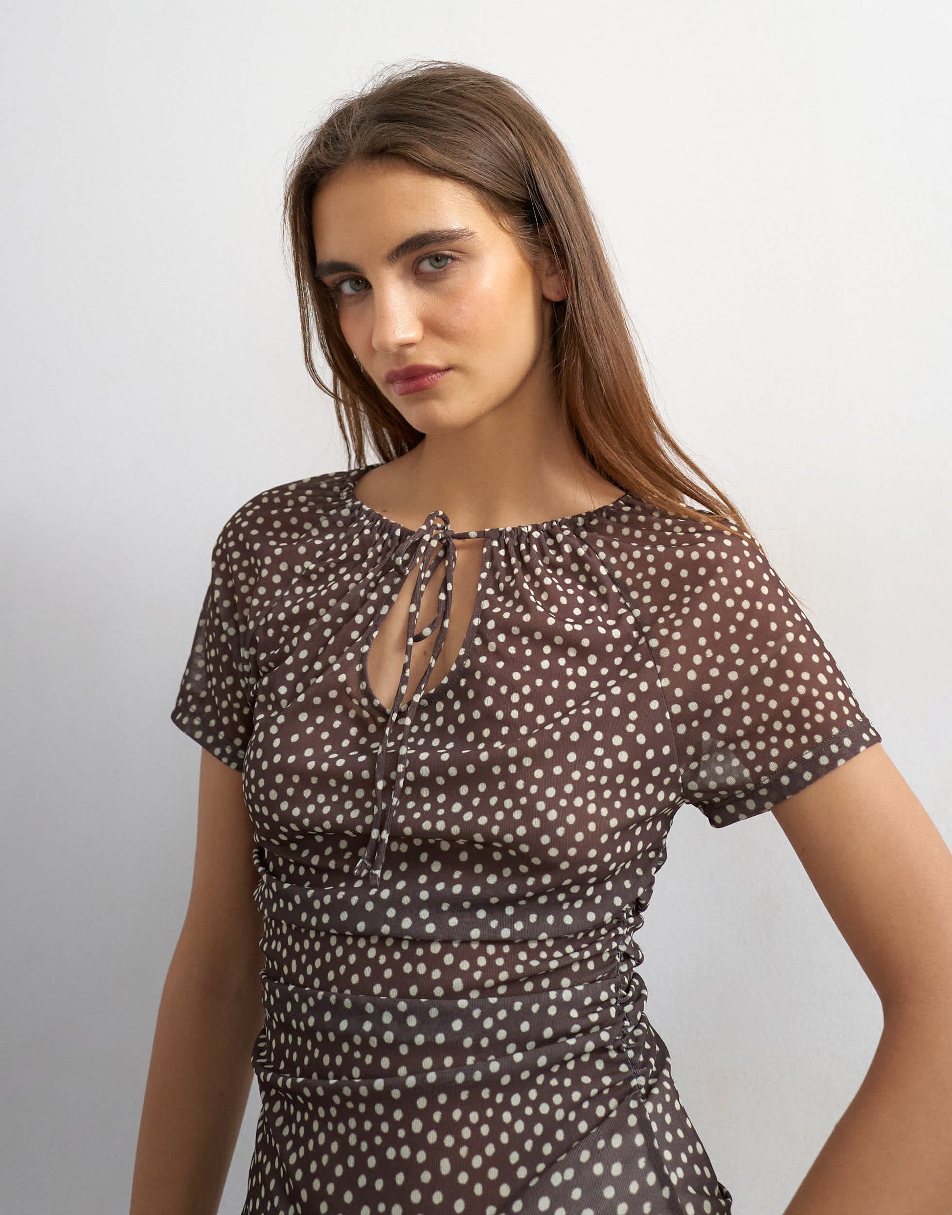 Topshop polka dot mesh key hole detail short sleeve top in brown