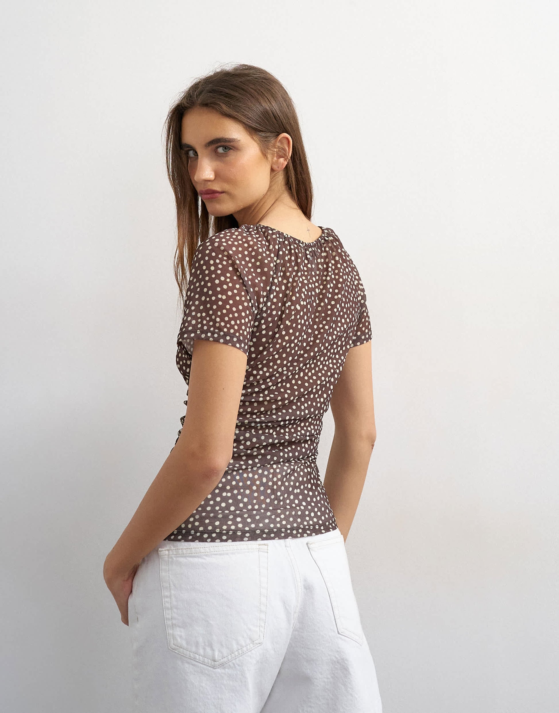 Topshop polka dot mesh key hole detail short sleeve top in brown