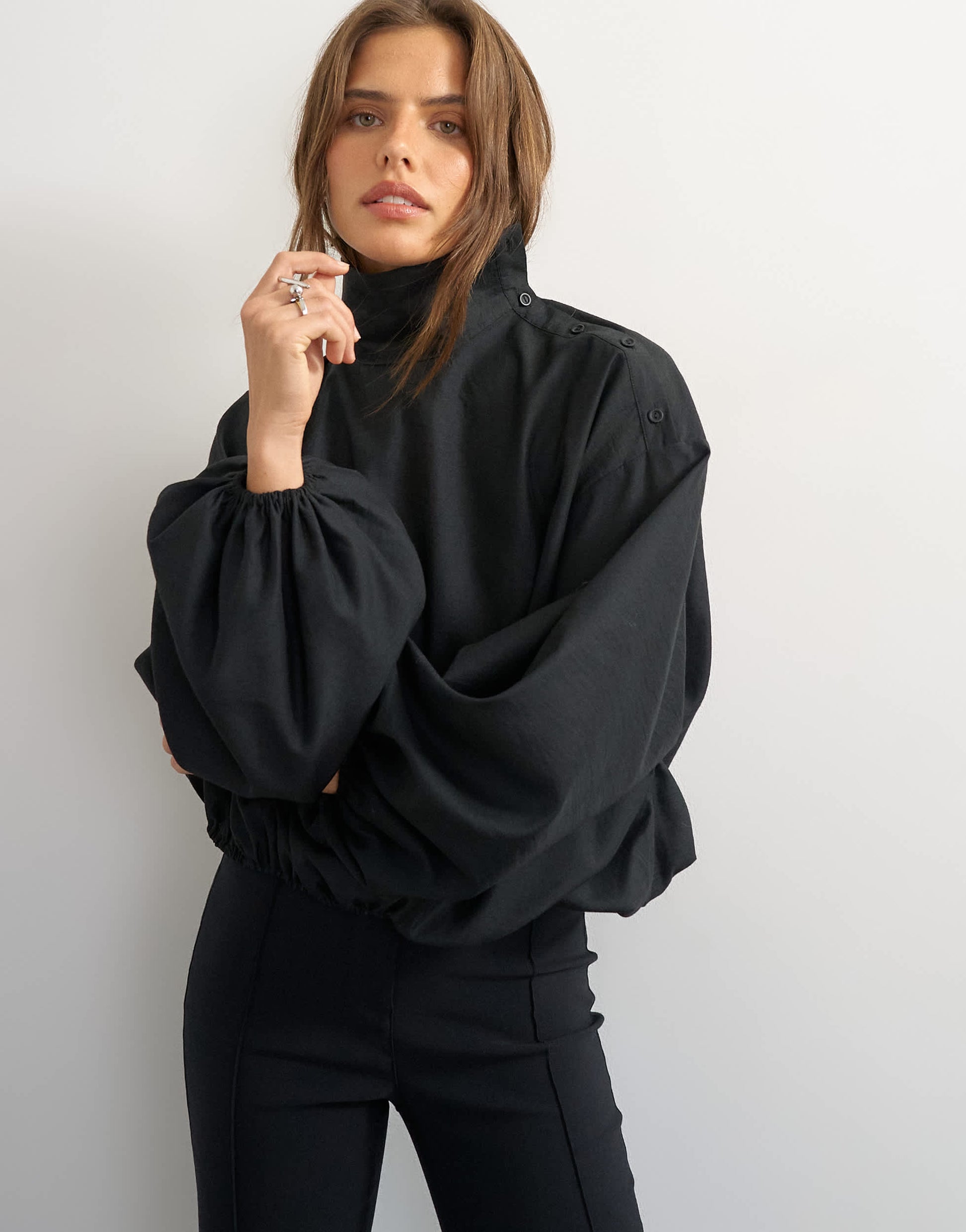Topshop high neck balloon hem top in black