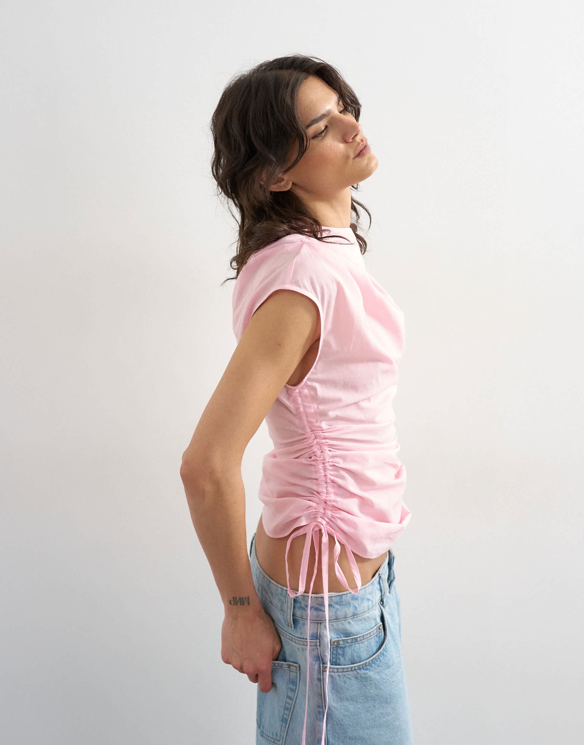 Topshop ruched side cap sleeve top in pink