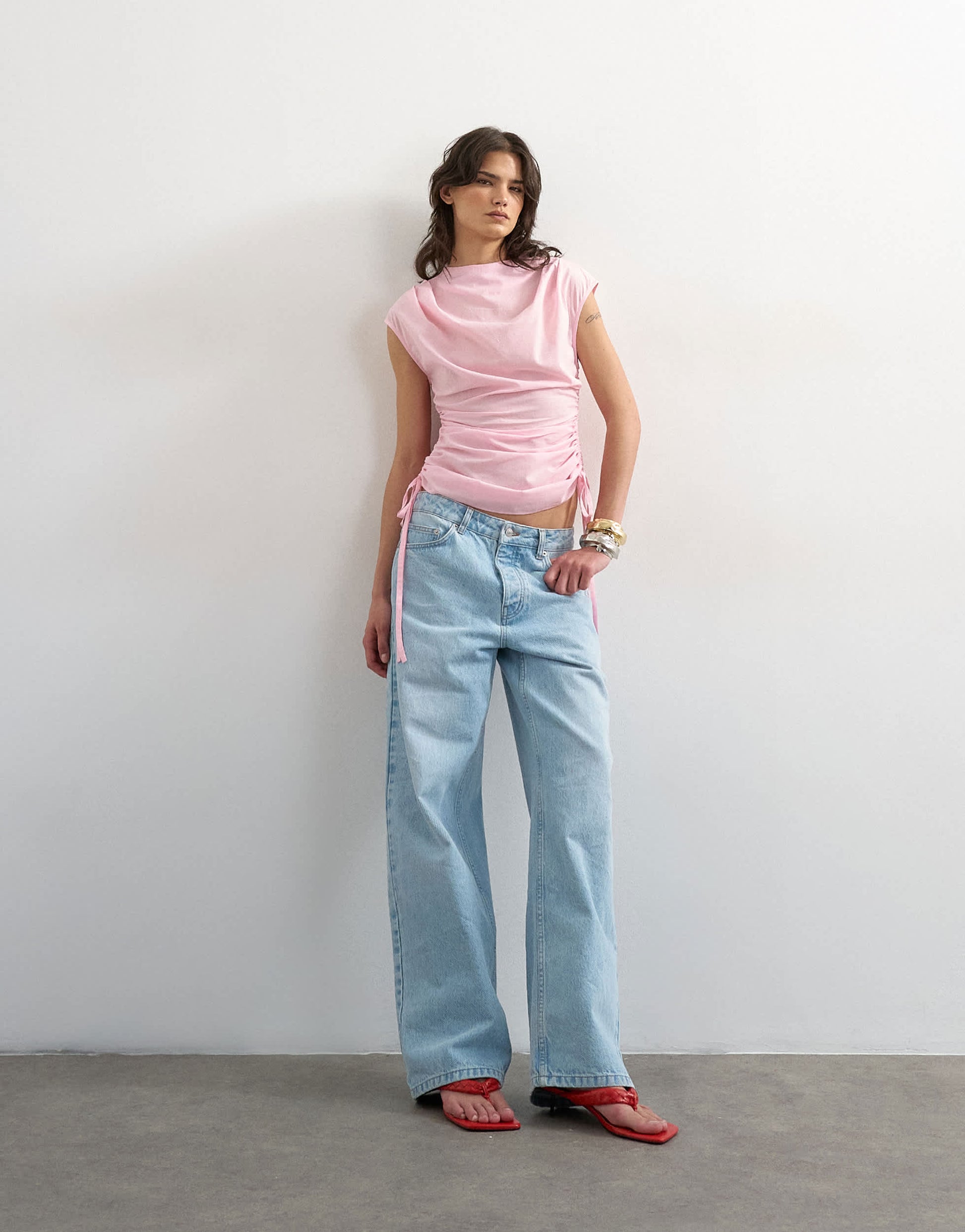 Topshop ruched side cap sleeve top in pink