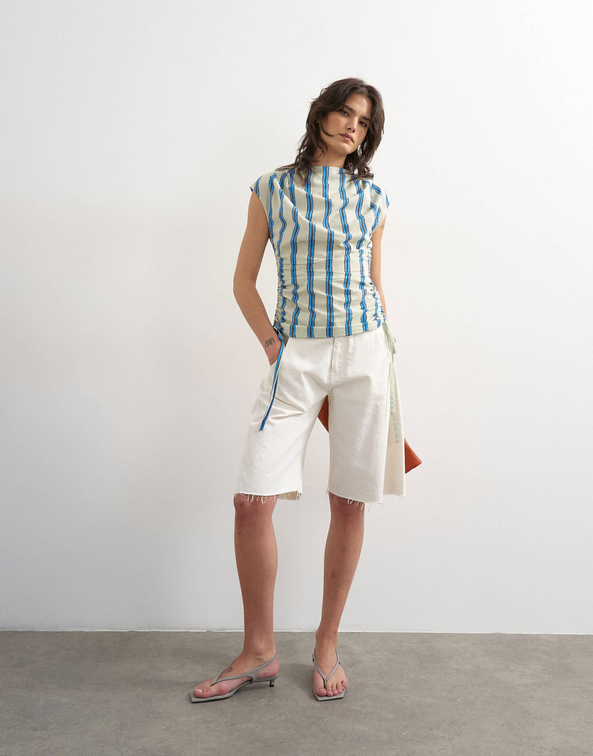 Topshop ruched side cap sleeve top in cream stripe
