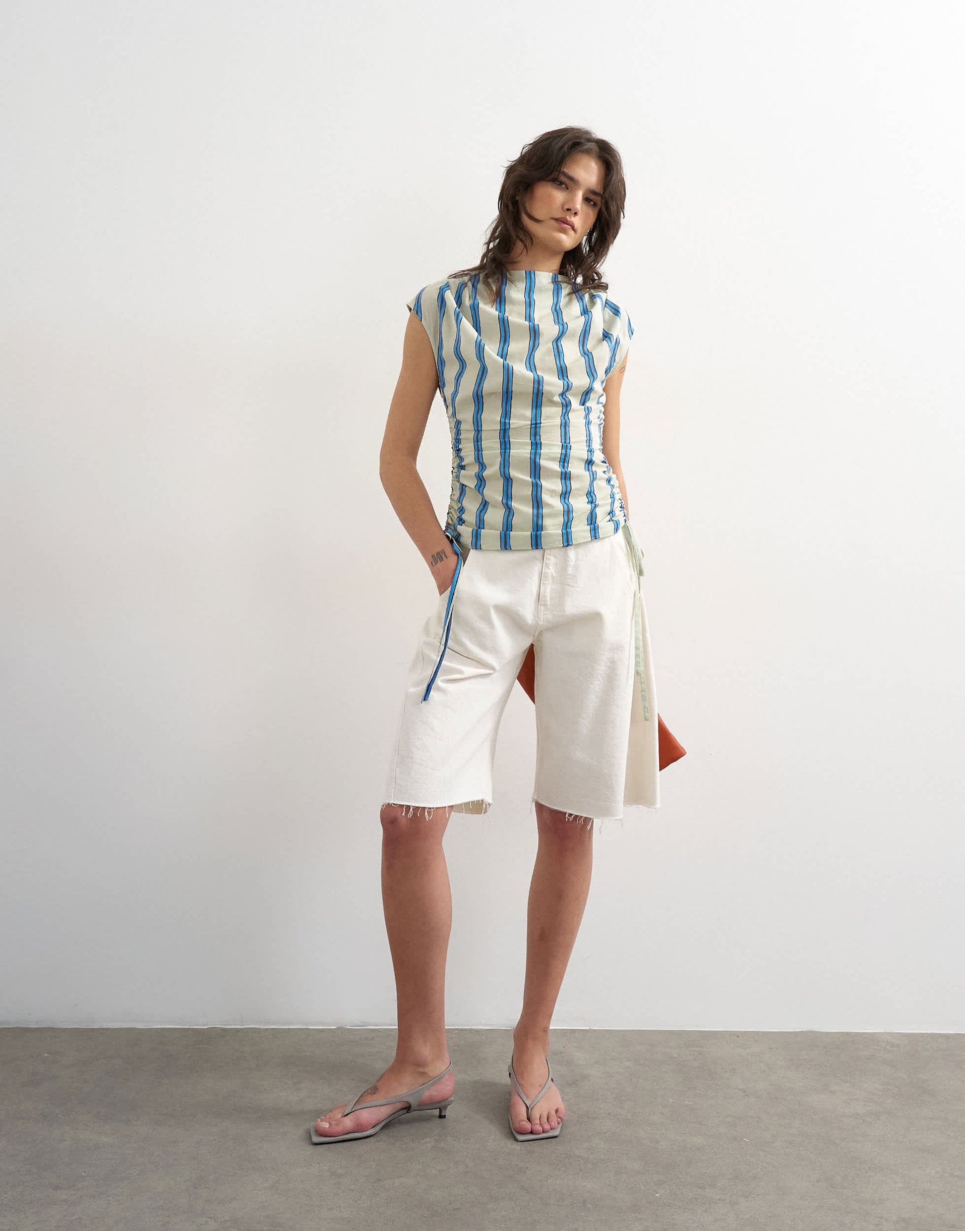 Topshop ruched side cap sleeve top in cream stripe