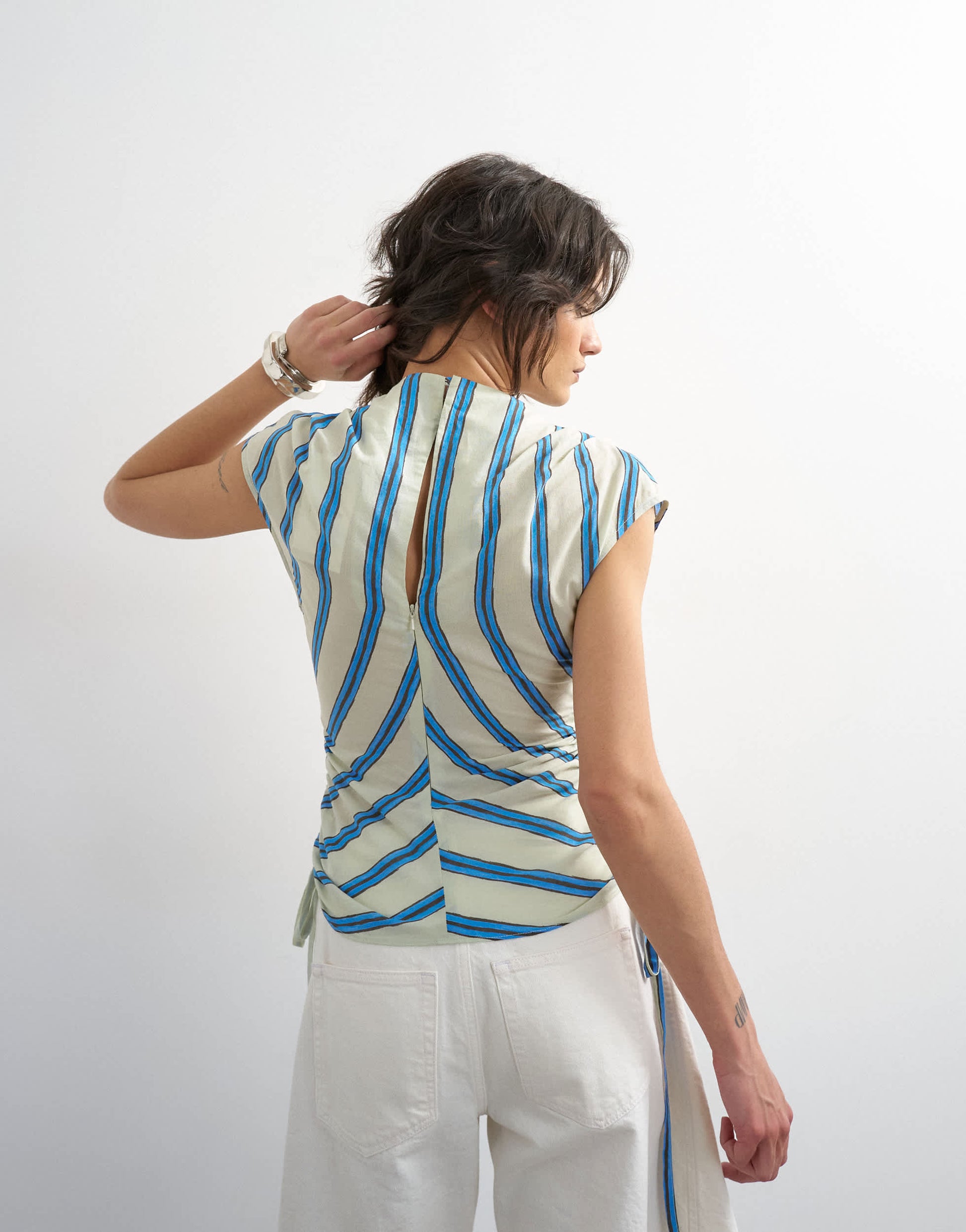 Topshop ruched side cap sleeve top in cream stripe