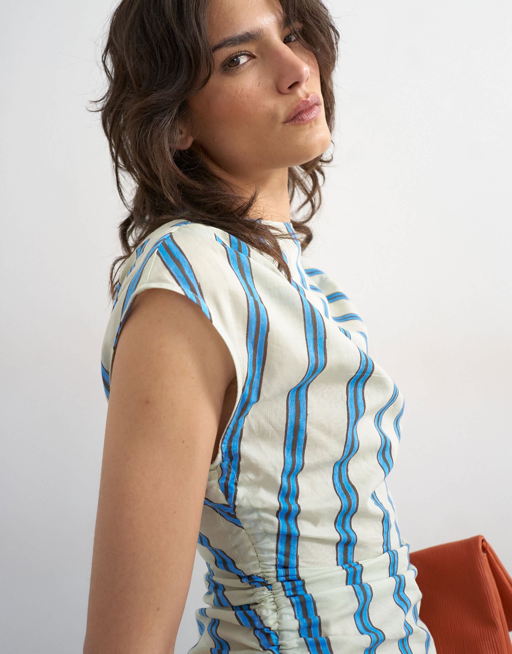Topshop ruched side cap sleeve top in cream stripe