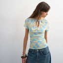 Topshop check mesh key hole detail short sleeve top in blue