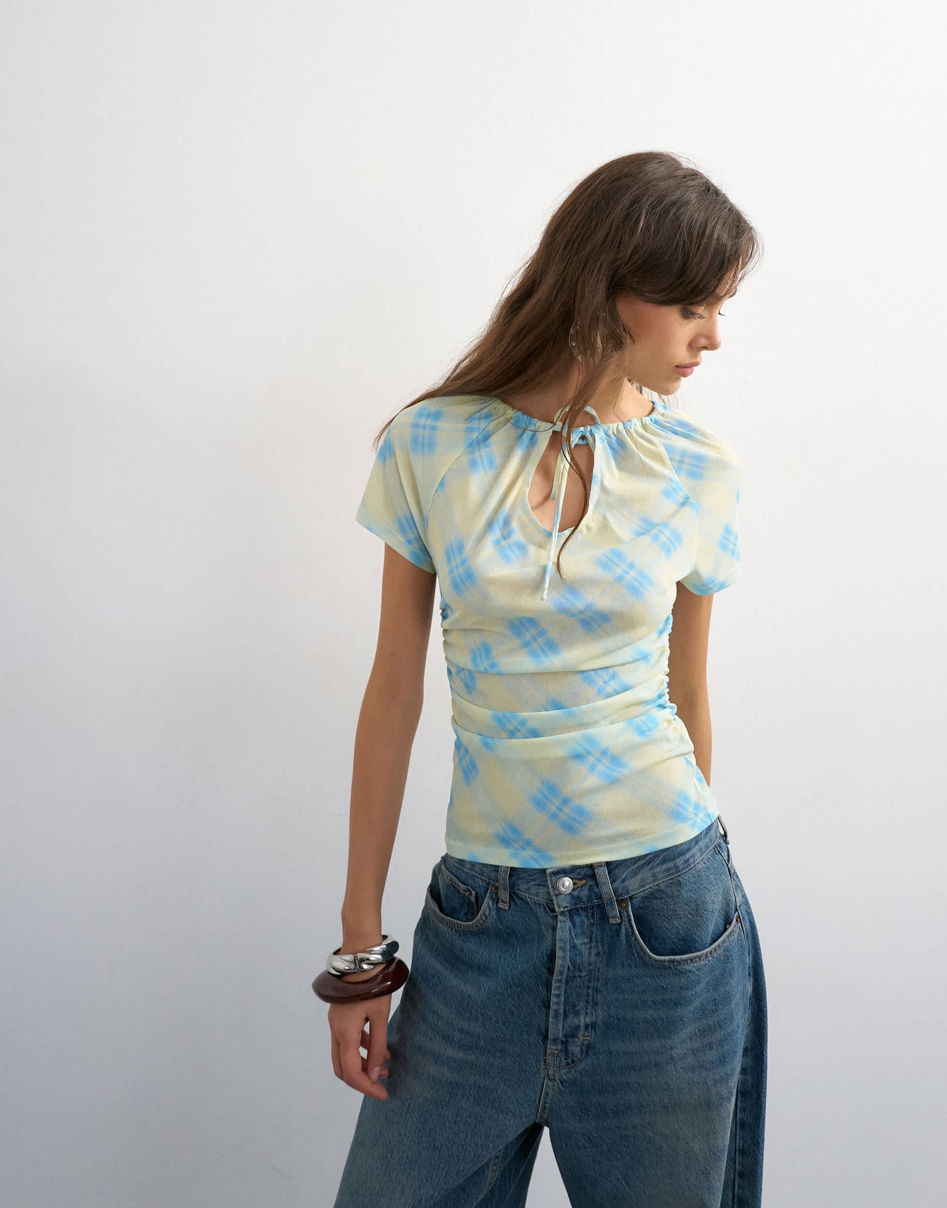 Topshop check mesh key hole detail short sleeve top in blue