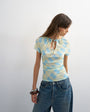 Topshop check mesh key hole detail short sleeve top in blue