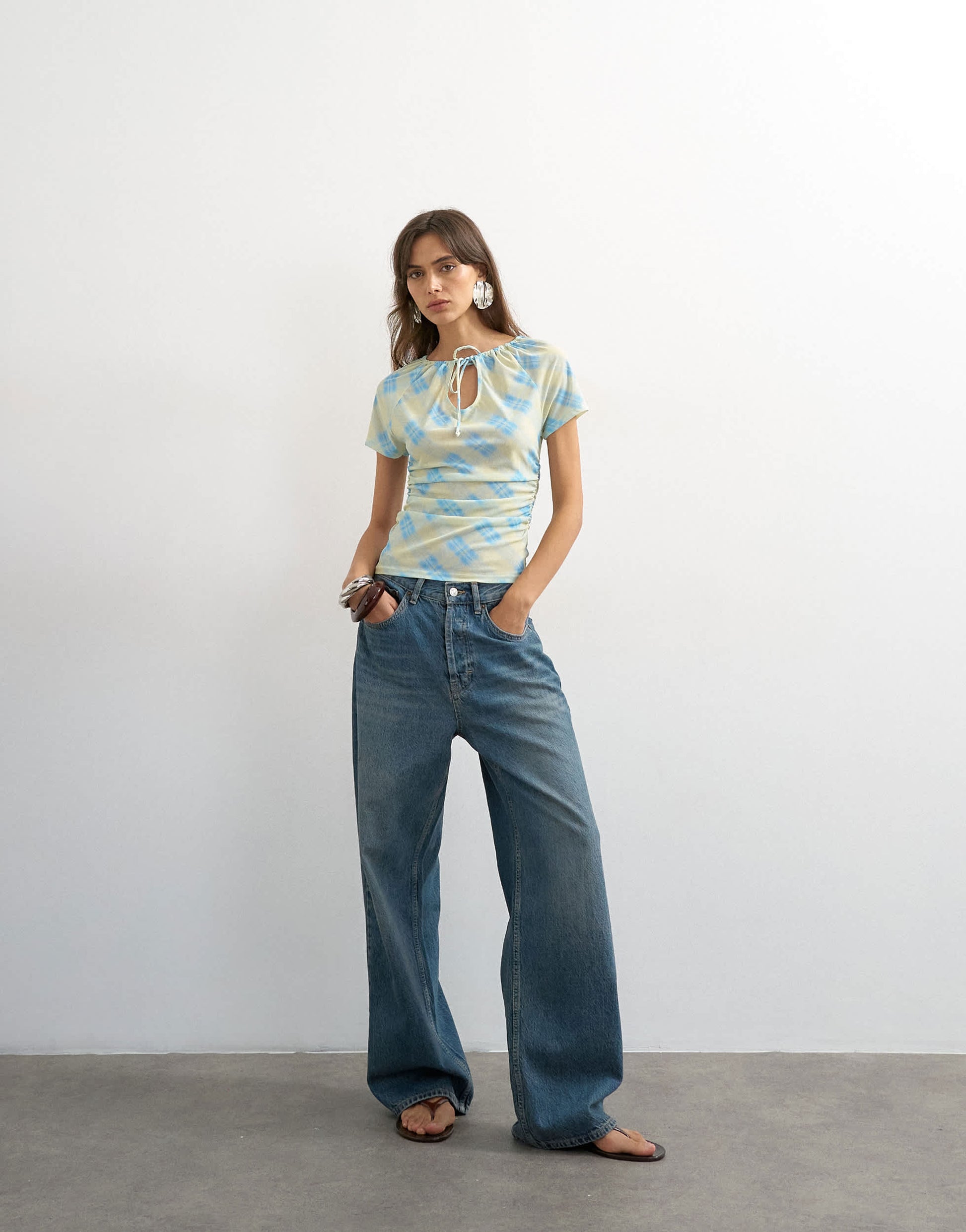 Topshop check mesh key hole detail short sleeve top in blue