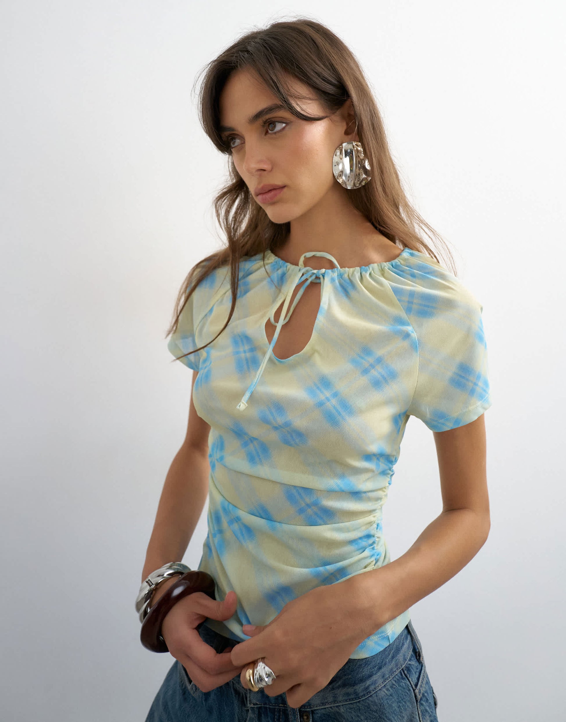 Topshop check mesh key hole detail short sleeve top in blue