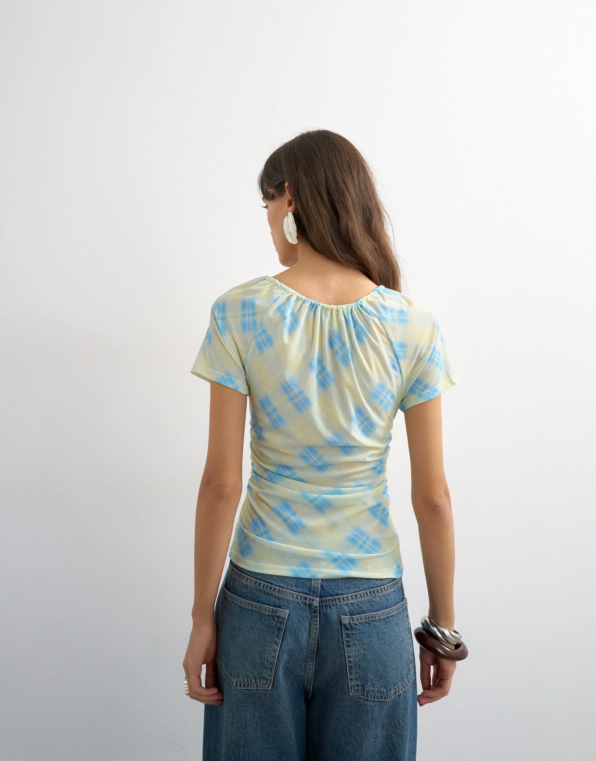 Topshop check mesh key hole detail short sleeve top in blue