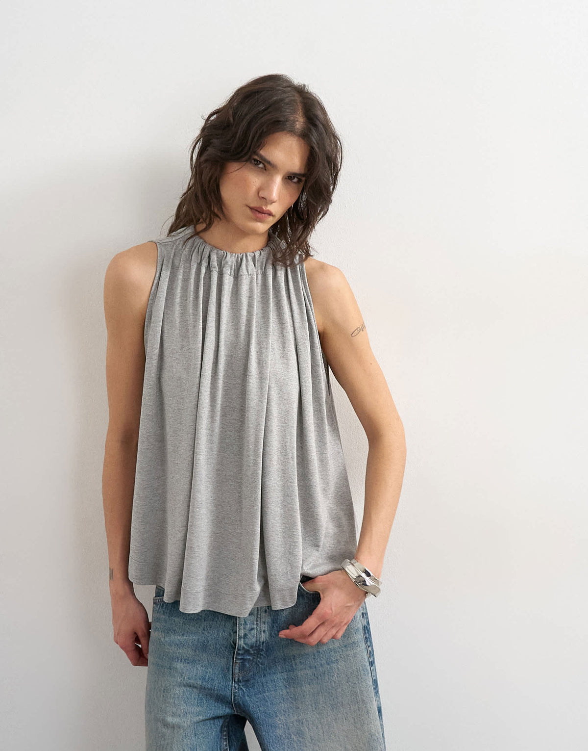 Topshop tie neck detail tank top in grey marl