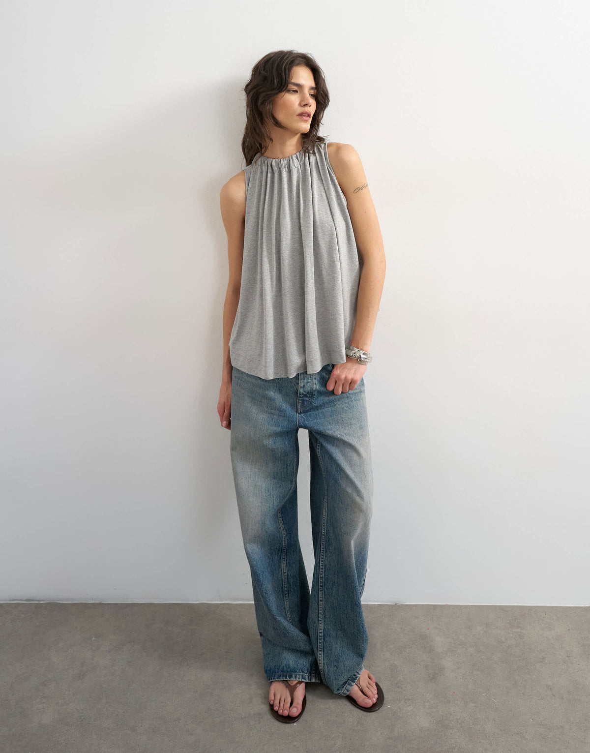 Topshop tie neck detail tank top in grey marl