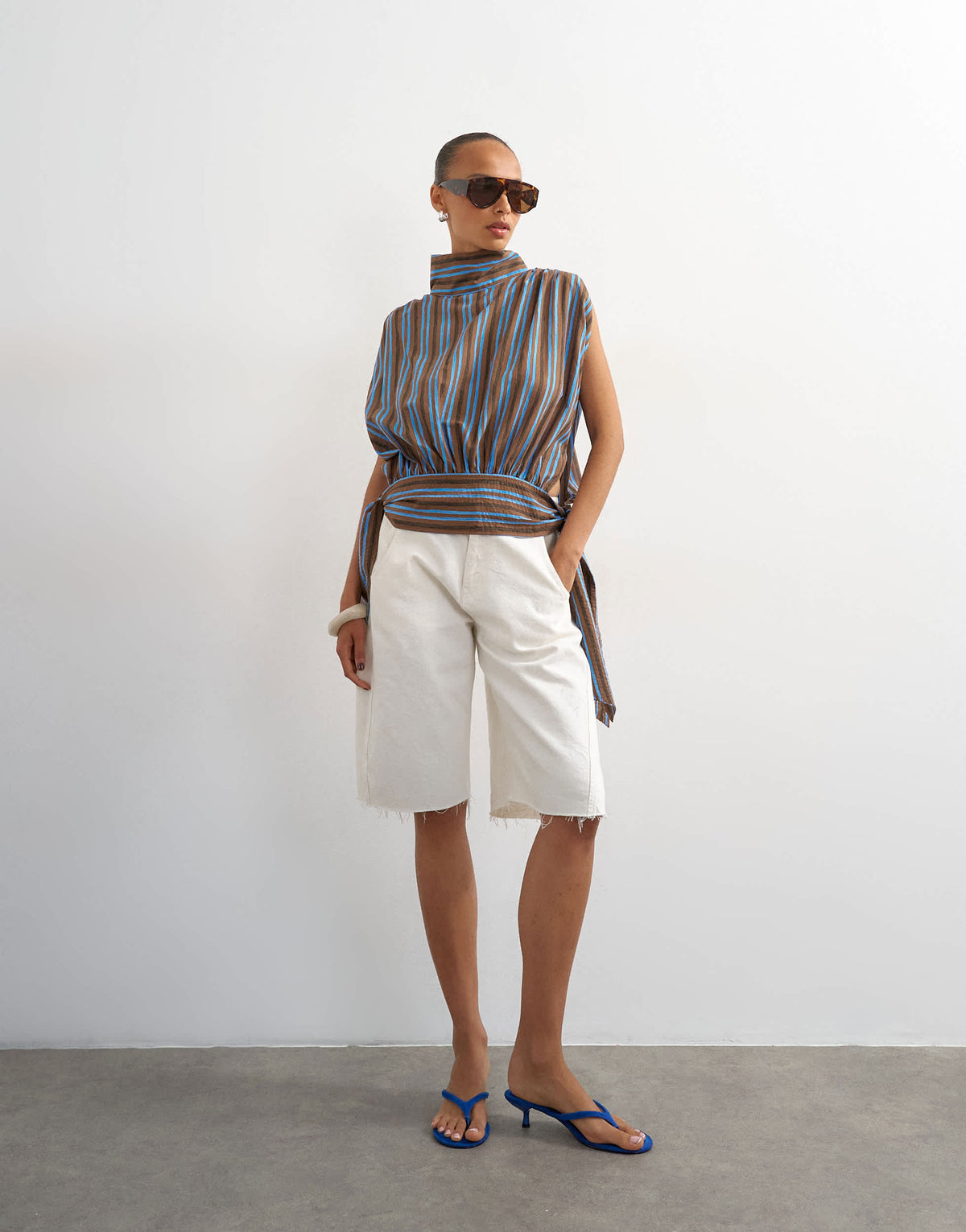 Topshop funnel neck gathered waist tie detail top in brown stripe
