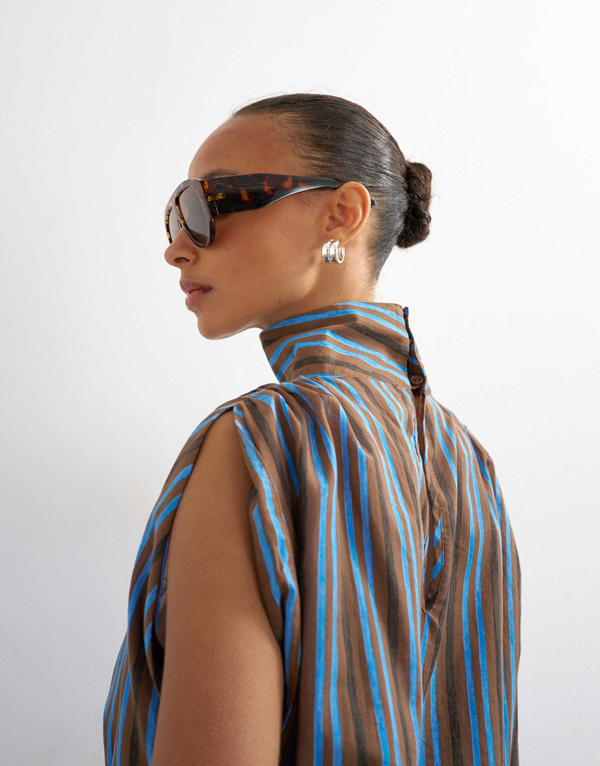 Topshop funnel neck gathered waist tie detail top in brown stripe