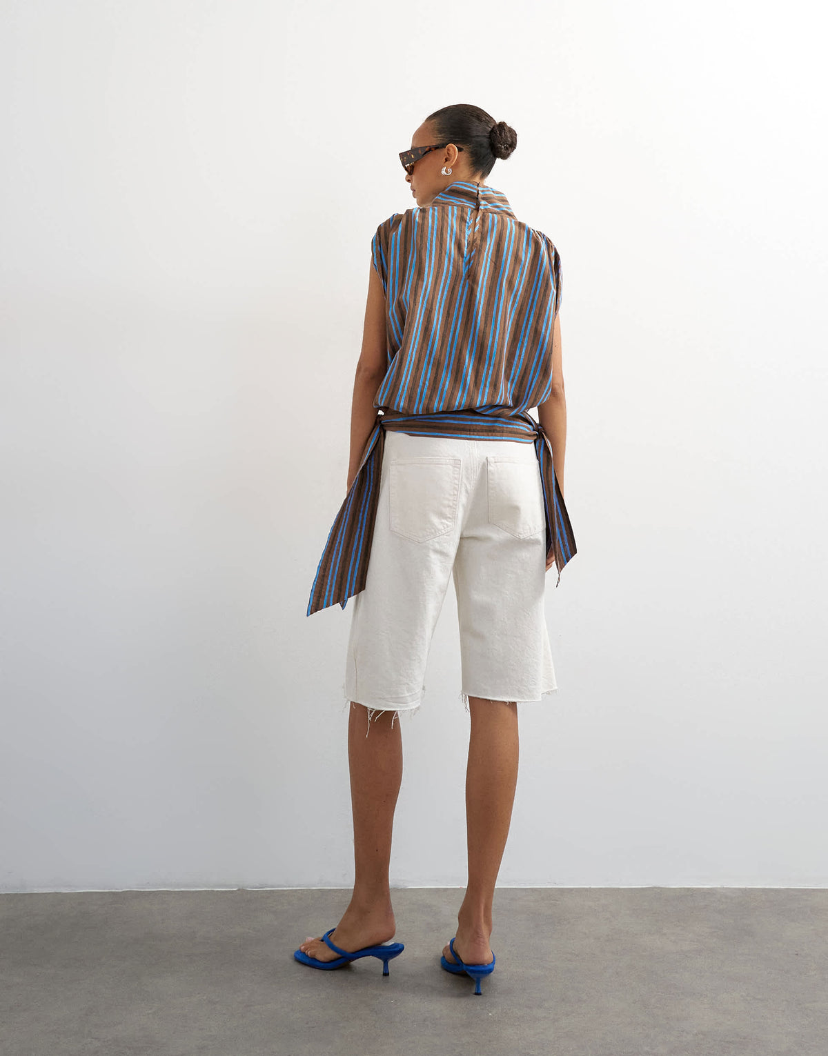 Topshop funnel neck gathered waist tie detail top in brown stripe