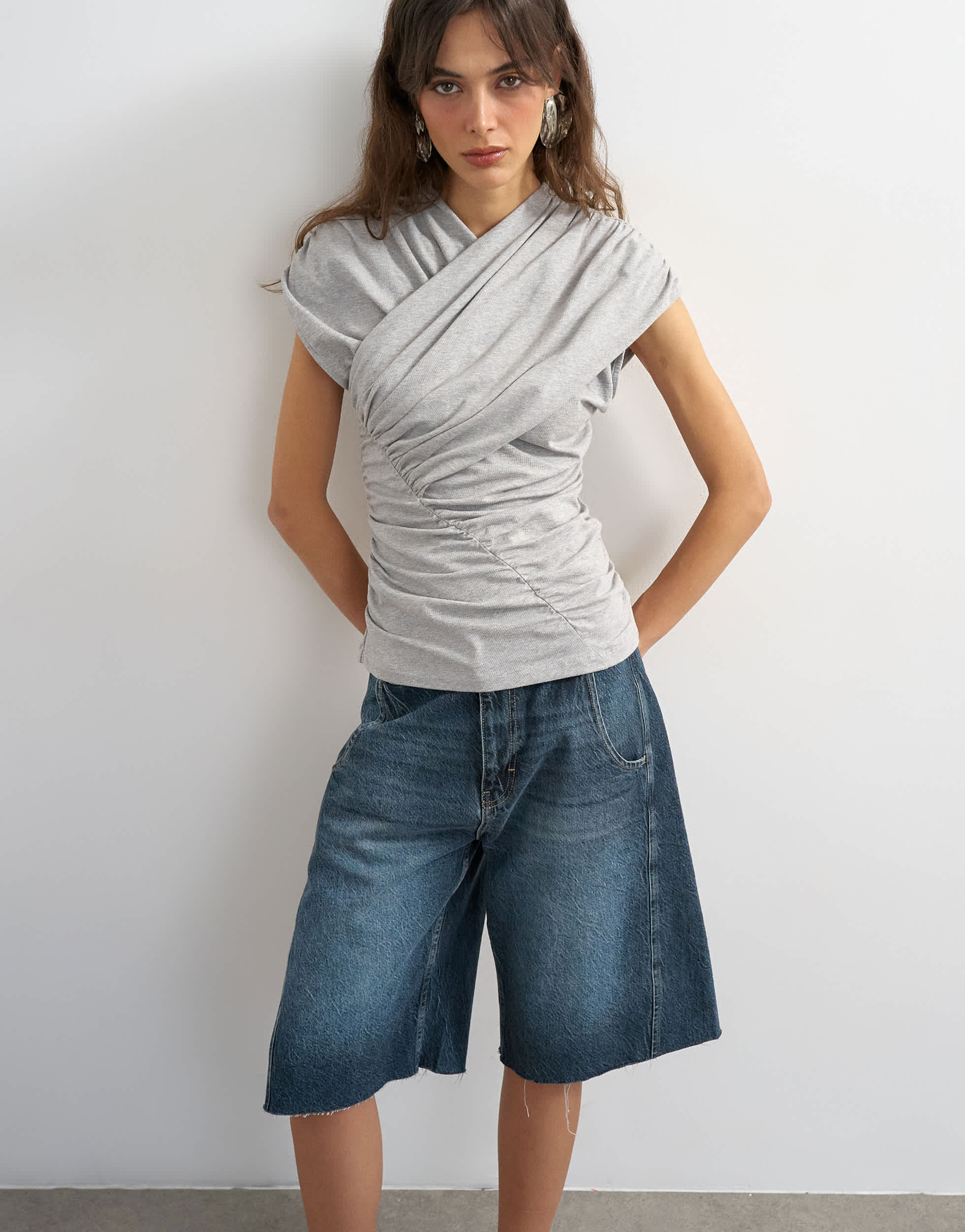 Topshop wrap front ruched short sleeve top in grey marl