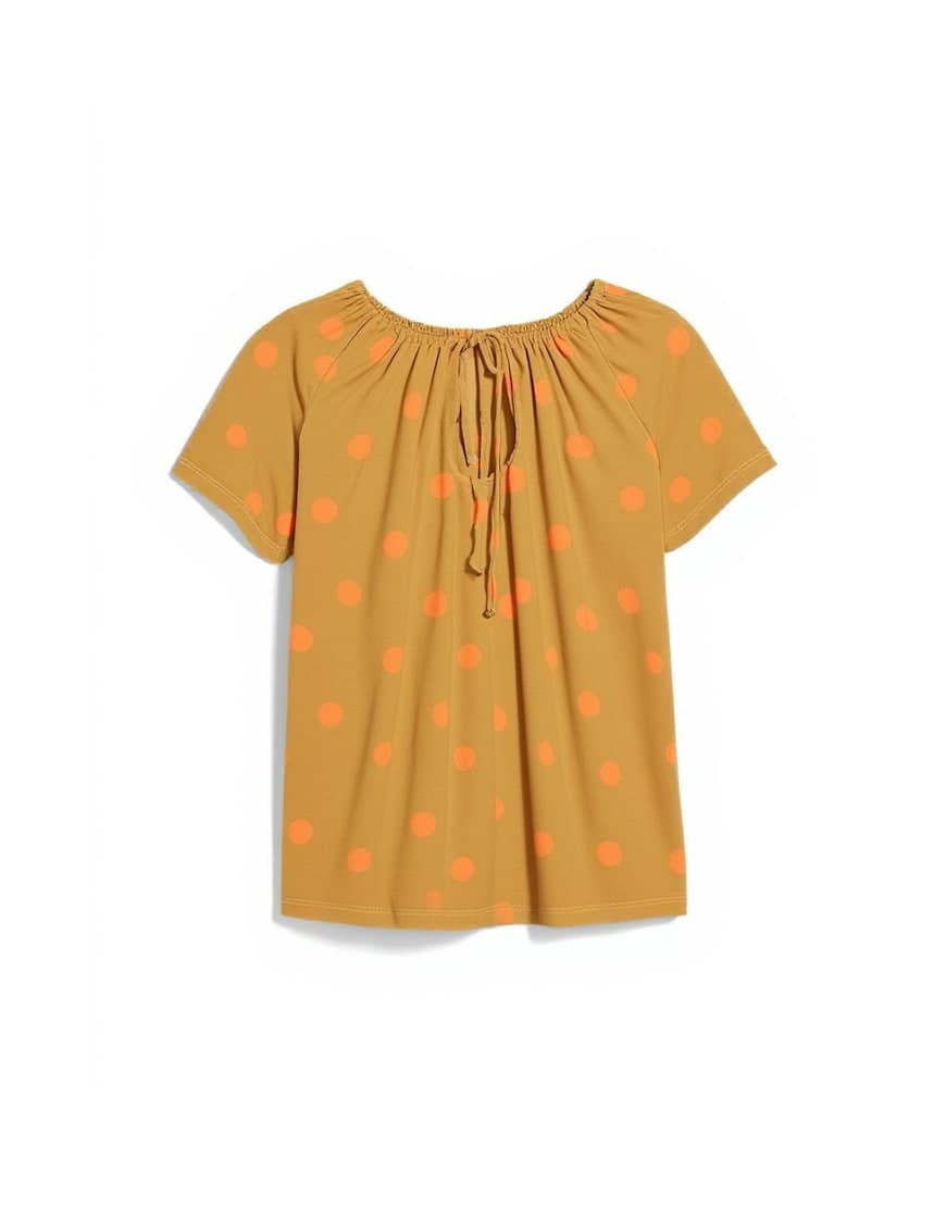 Topshop polka dot mesh key hole detail short sleeve top in orange