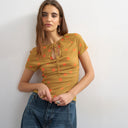 Topshop polka dot mesh key hole detail short sleeve top in orange