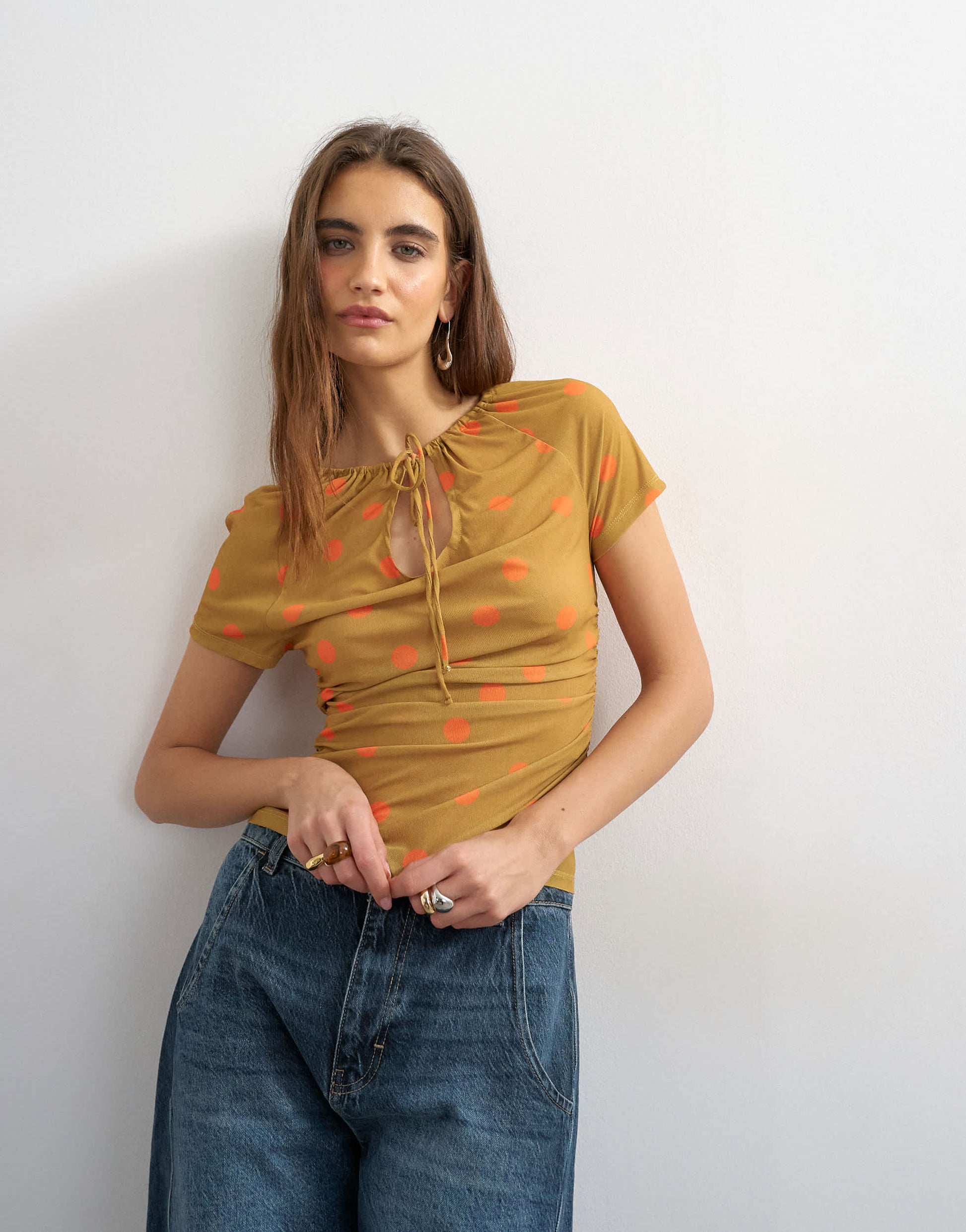 Topshop polka dot mesh key hole detail short sleeve top in orange