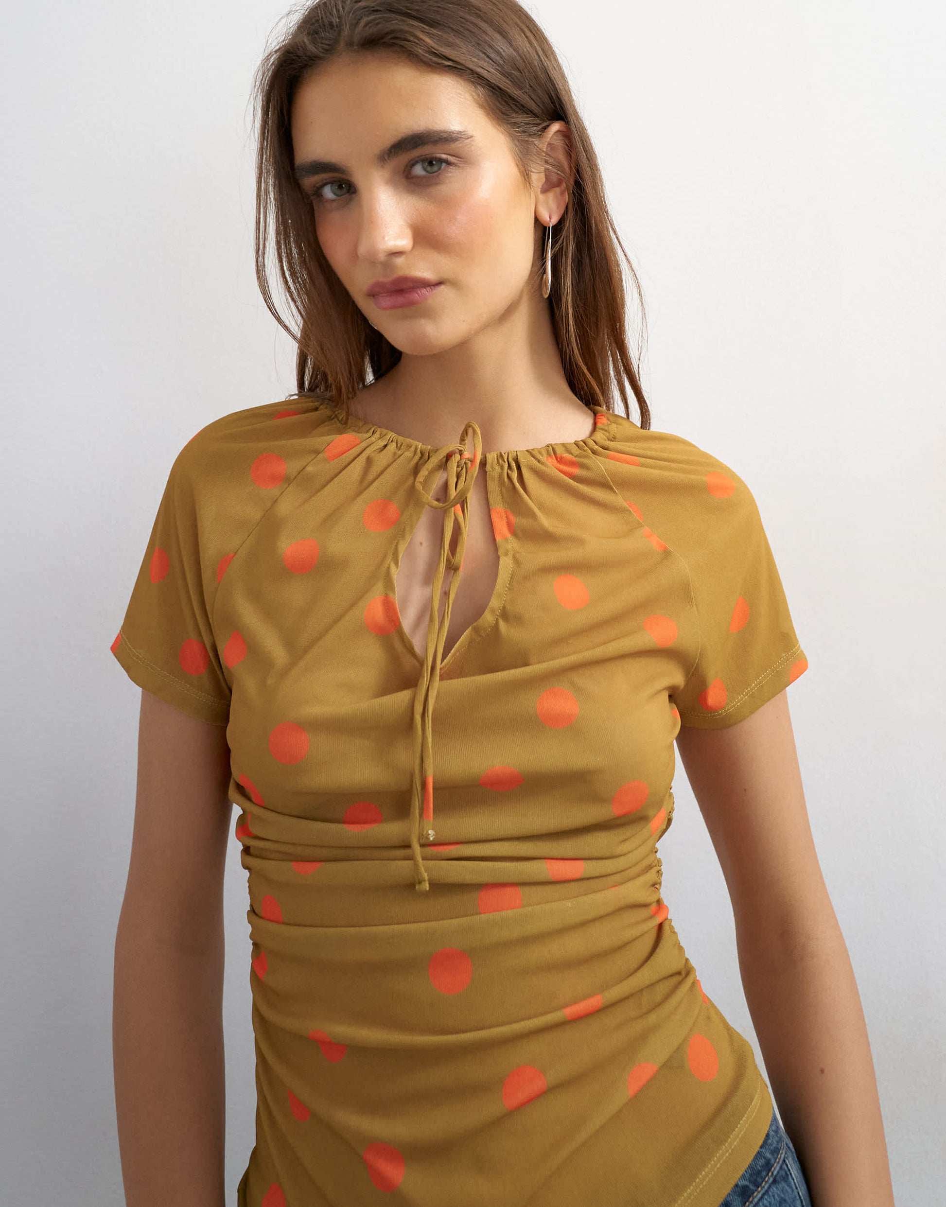 Topshop polka dot mesh key hole detail short sleeve top in orange